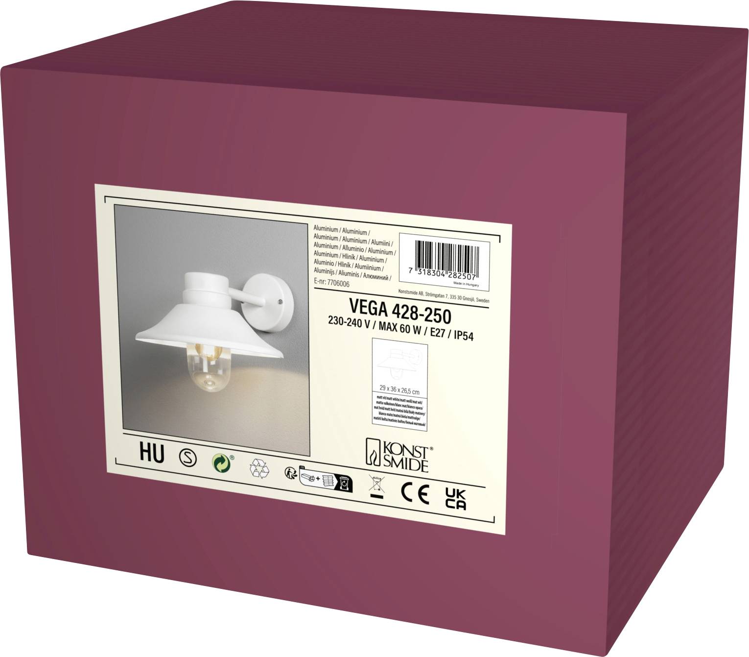 Eine rechteckige marronefarbene Box mit einem Etikett, das eine weiße Außenwandlampe und Installationsdetails zeigt. Marke: Konstsmide, Modell: VEGA 428-250.