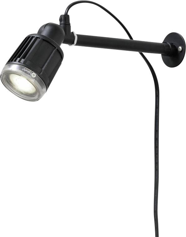 Eine schwarze, wandmontierte Scheinwerferleuchte mit rundem Kopf und Netzkabel, in einem Winkel positioniert für einstellbare Beleuchtung.