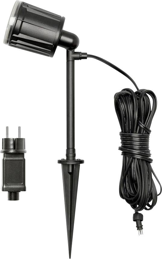 LED-Außenstrahler mit schwarzem Erdspieß und langem Stromkabel, entwickelt für Gartenbeleuchtung. Inklusive Steckeradapter für einfache Installation.