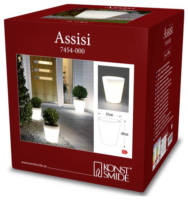 'Assisi 7454-000' Leuchte; Verpackung für Außenbereich mit leuchtenden Töpfen neben einer Tür. Abmessungen: 37 cm Breite, 40 cm Höhe.