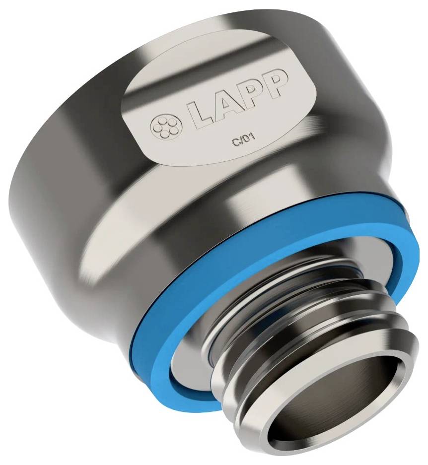 Ein metallischer zylindrischer Anschluss mit einem blauen Ring, auf der Oberfläche mit 'LAPP' beschriftet, der für sichere elektrische oder mechanische Verbindungen verwendet wird.