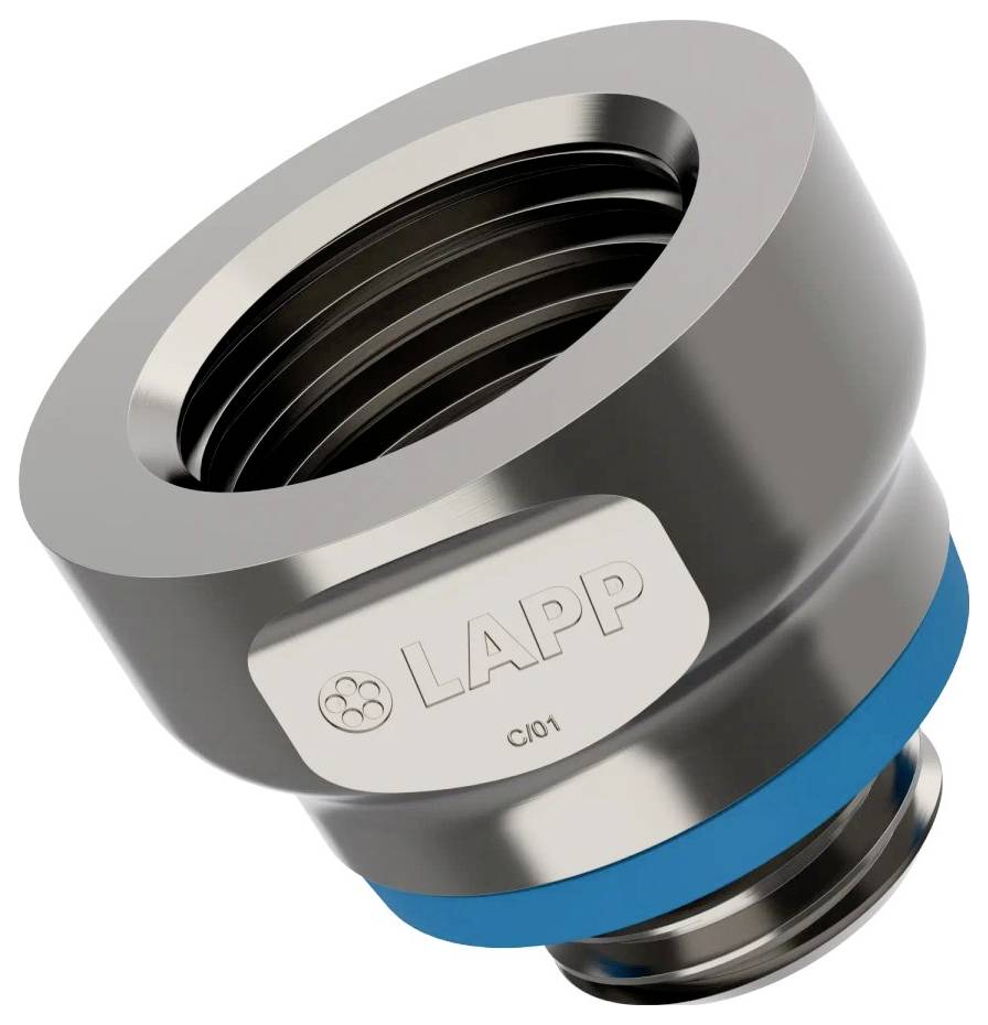 Ein metallischer Industrieverbinder mit einem Gewindeabschnitt und einem sichtbaren blauen O-Ring. Auf der Seite mit ‚LAPP' und einem Logo gekennzeichnet.