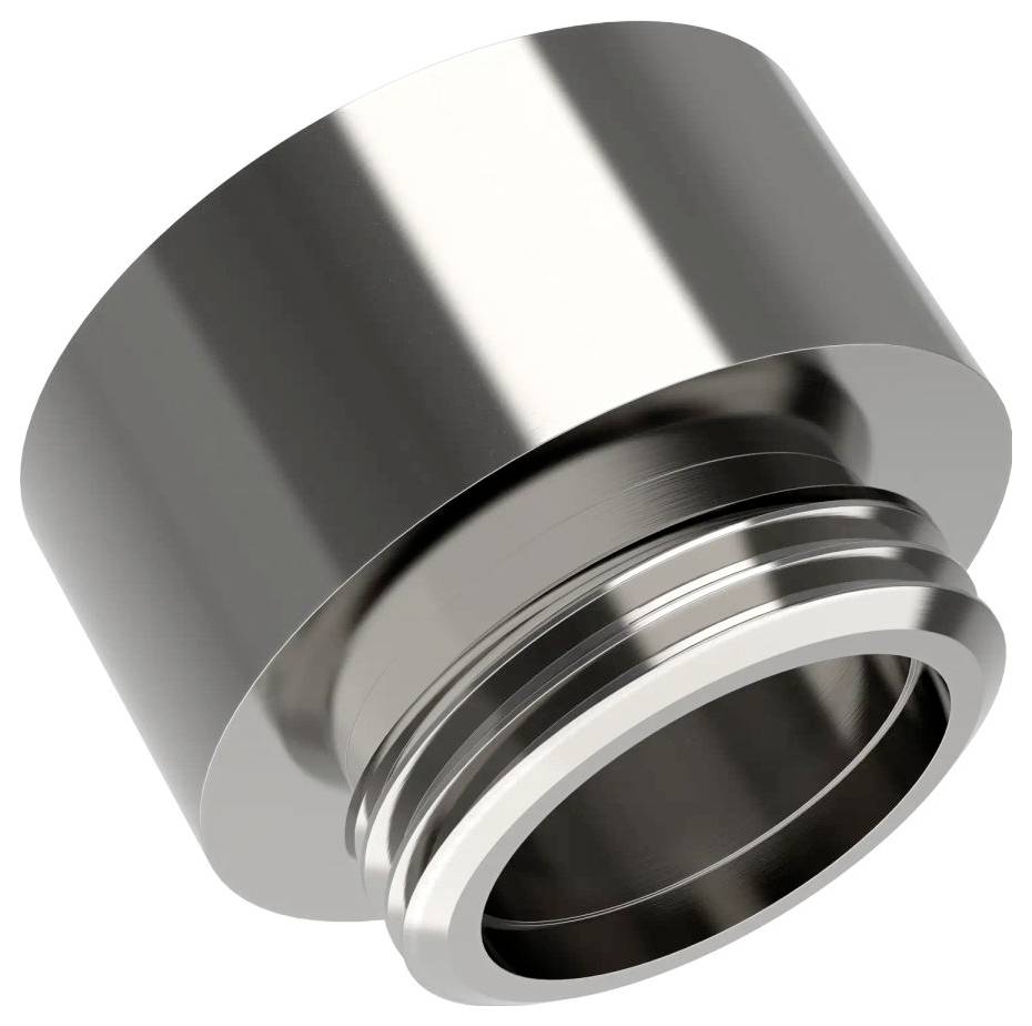 Eine Metallkupplung mit einer reflektierenden zylindrischen Oberfläche und Innengewinde, die zum sicheren Verbinden von Rohren oder Armaturen konzipiert ist.