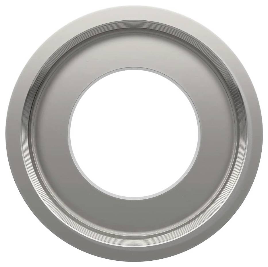 Ein metallisches kreisförmiges Objekt mit einem zentralen Loch, das einem Ring oder einer Unterlegscheibe ähnelt. Die Oberfläche ist glatt, und entlang der Kanten sind Rillen sichtbar.