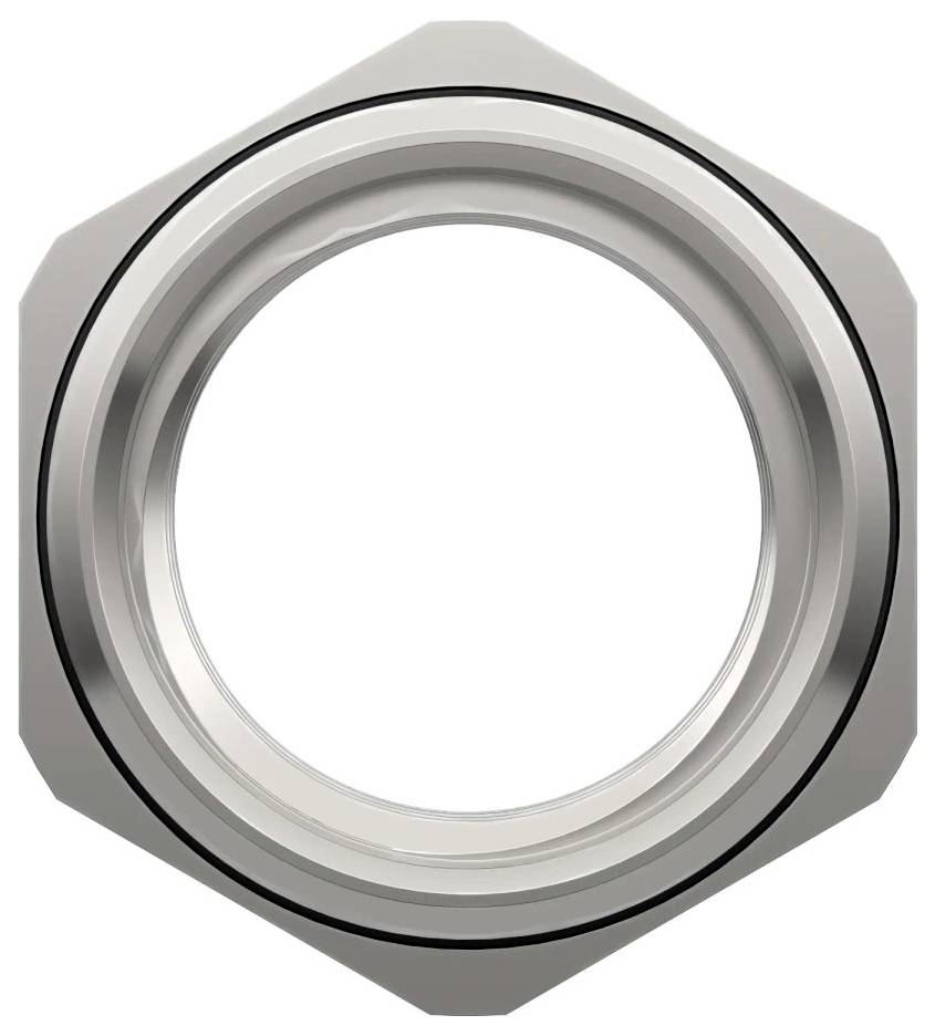 Eine sechseckige Metallmutter mit Innengewinde, die üblicherweise zum Befestigen von Komponenten in Maschinen oder im Bauwesen verwendet wird.