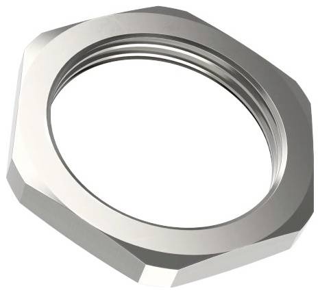 Eine sechseckige Metallmutter mit Innengewinde, die zum Befestigen oder Sichern von Objekten in mechanischen Baugruppen verwendet wird.