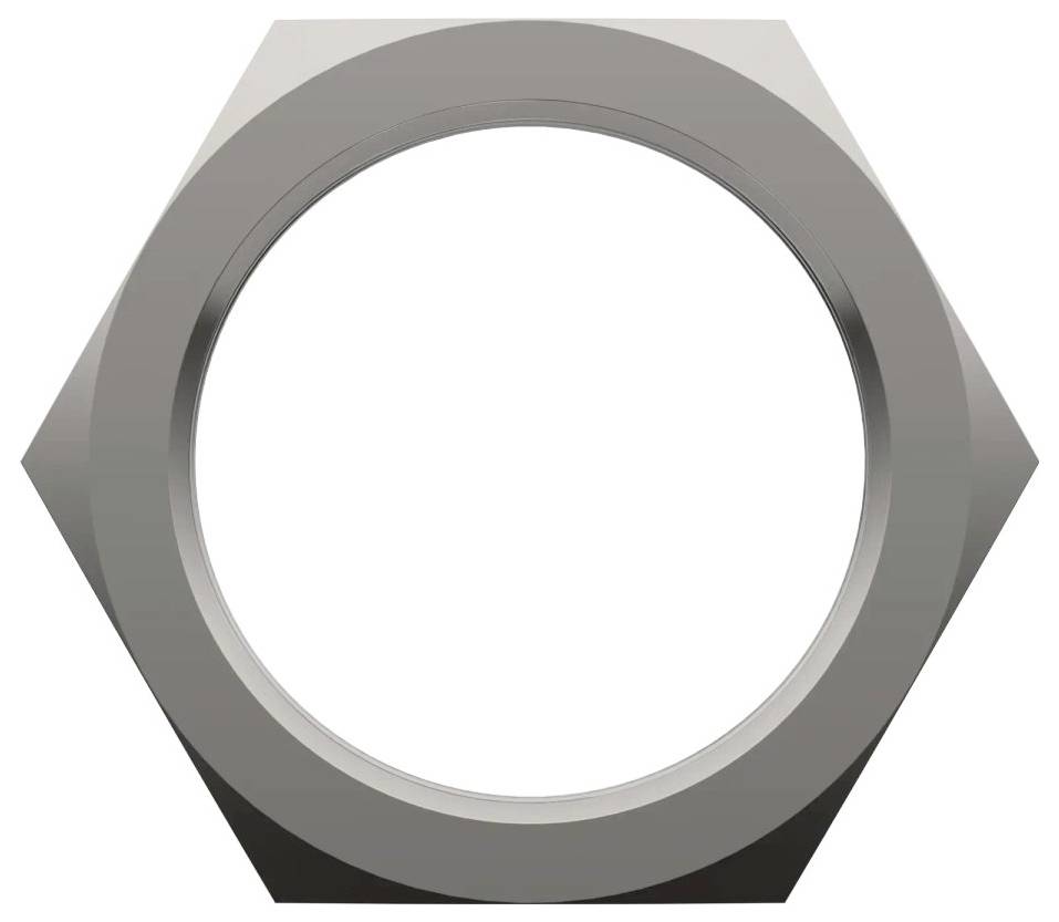 Eine metallische Sechskantmutter mit einer zentralen kreisförmigen Öffnung, die häufig in Verbindung mit einem Bolzen zur Befestigung mechanischer Teile verwendet wird.