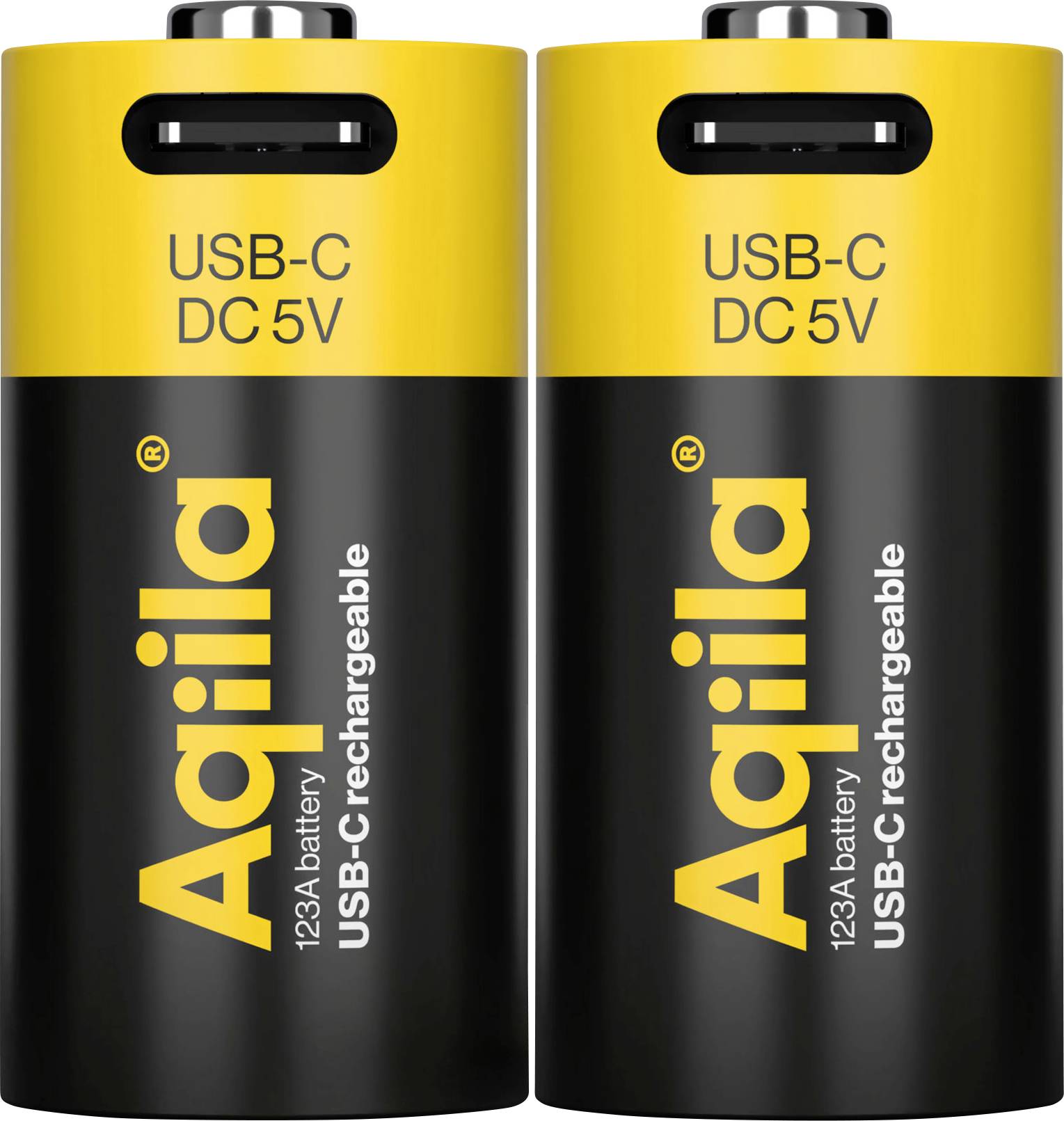 Zwei zylindrische schwarz-gelbe USB-C-wiederaufladbare Batterien mit den Beschriftungen 'Aquila', '123A Batterie' und 'USB-C DC 5V' in fetter Schrift.