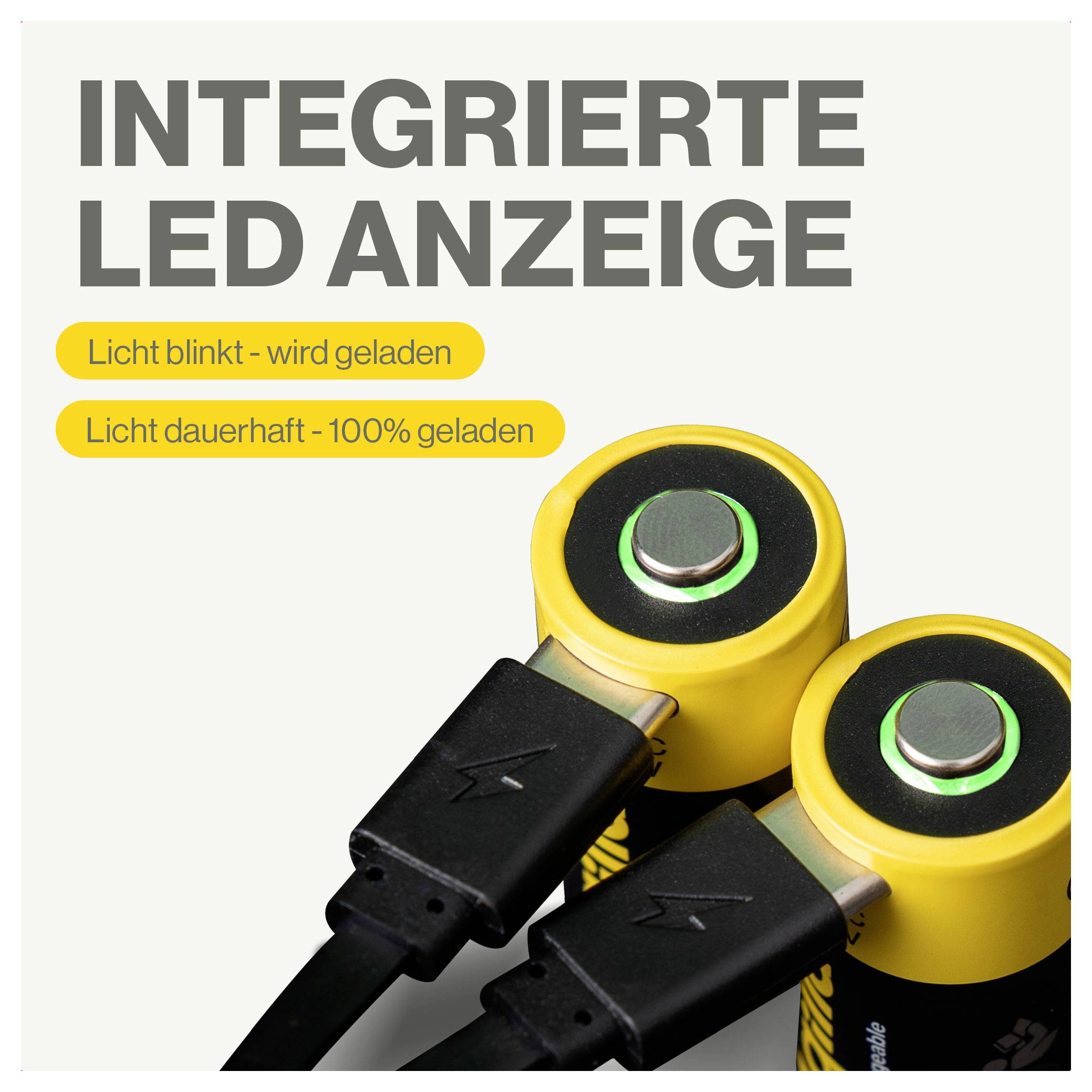 Zwei gelbe Batterien mit USB-Kabelanschlüssen und LEDs. Text: 'Integrierte LED-Anzeige', 'Licht blinkt - wird geladen', 'Licht dauerhaft - 100% geladen'.