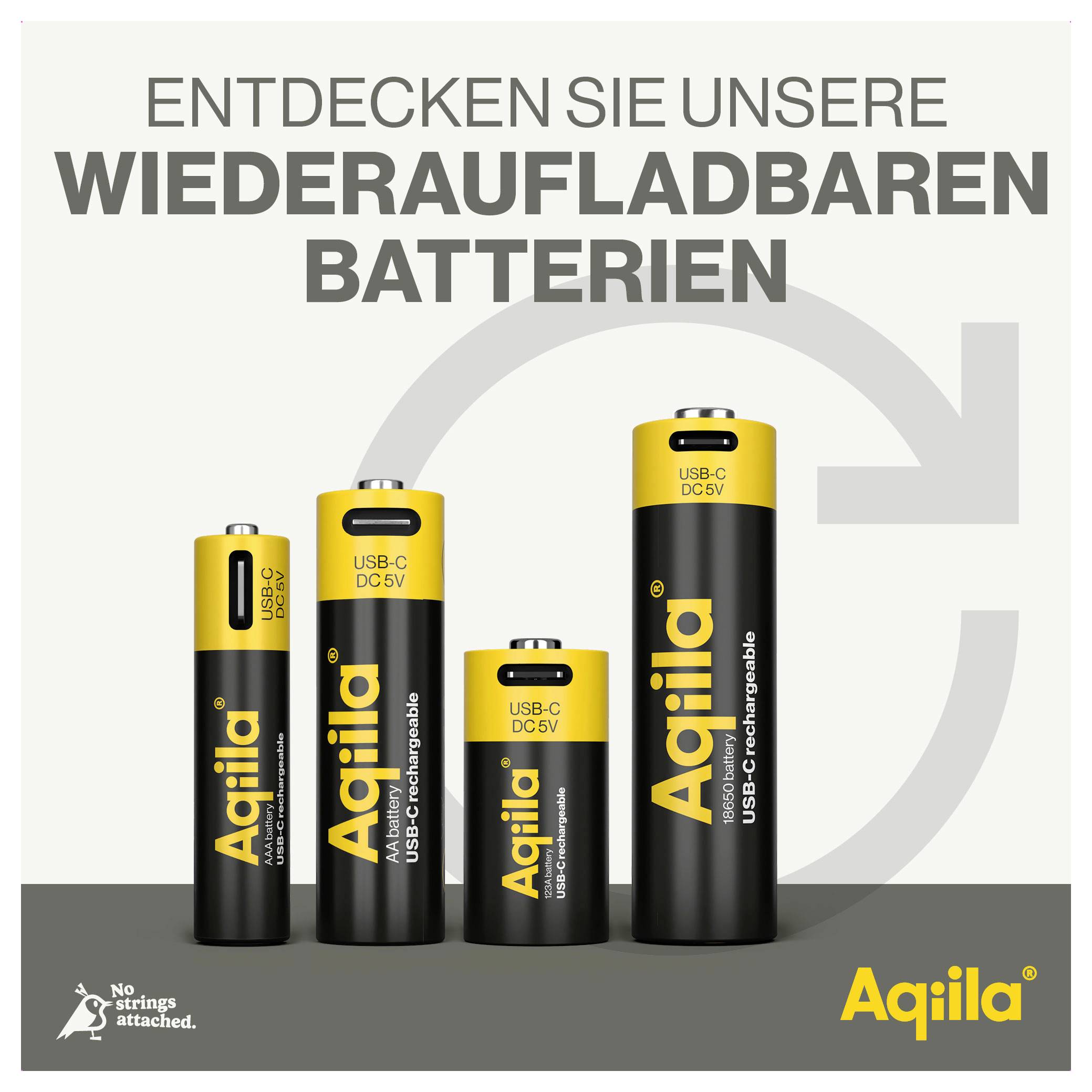 Aqiiila-Batterien in verschiedenen Größen, wiederaufladbar über USB-C. Text: 'Entdecken Sie unsere wiederaufladbaren Batterien'.