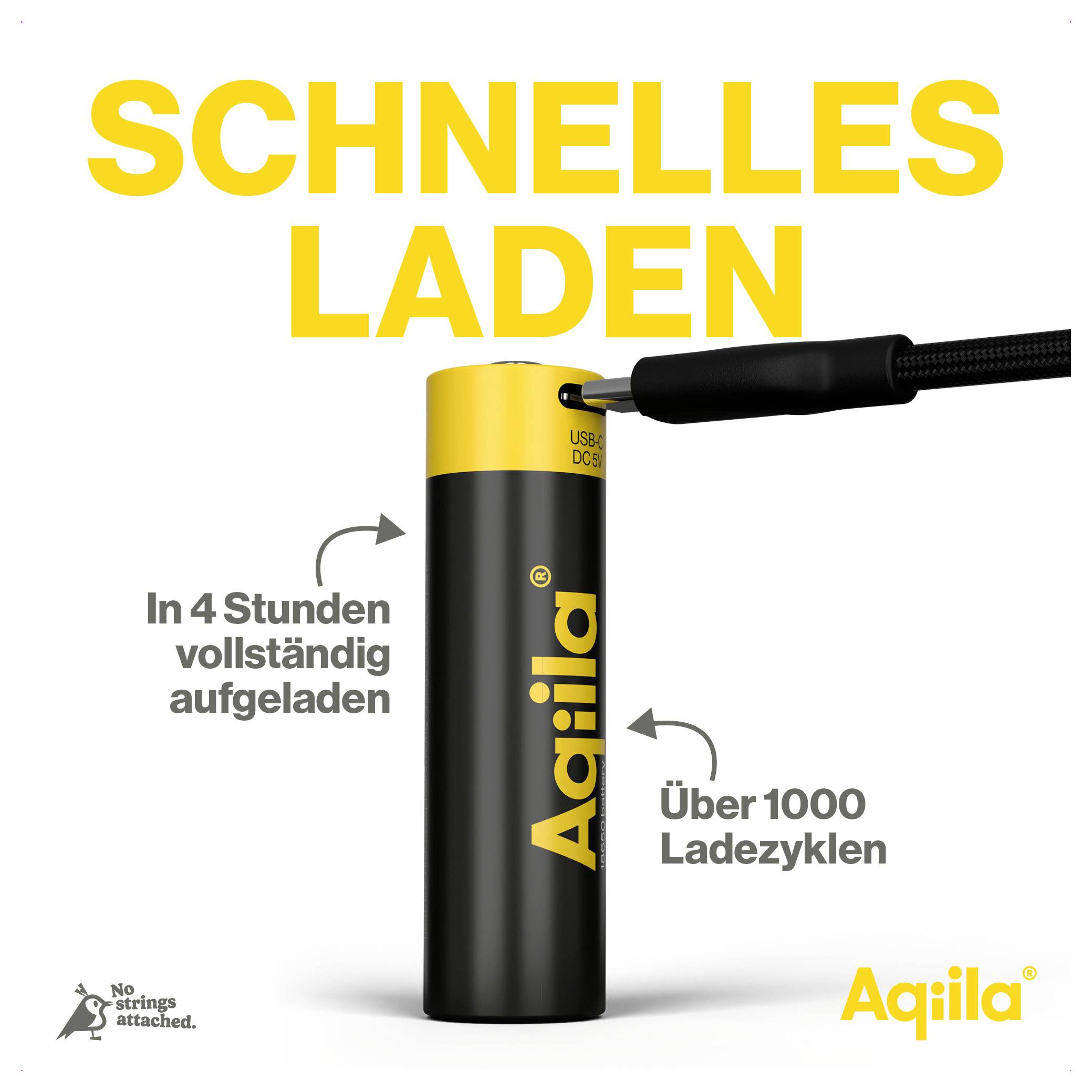 Schnelles Laden: Eine zylindrische Powerbank, in vier Stunden vollständig aufgeladen, über 1000 Ladezyklen. Marke 'Aqiila'.