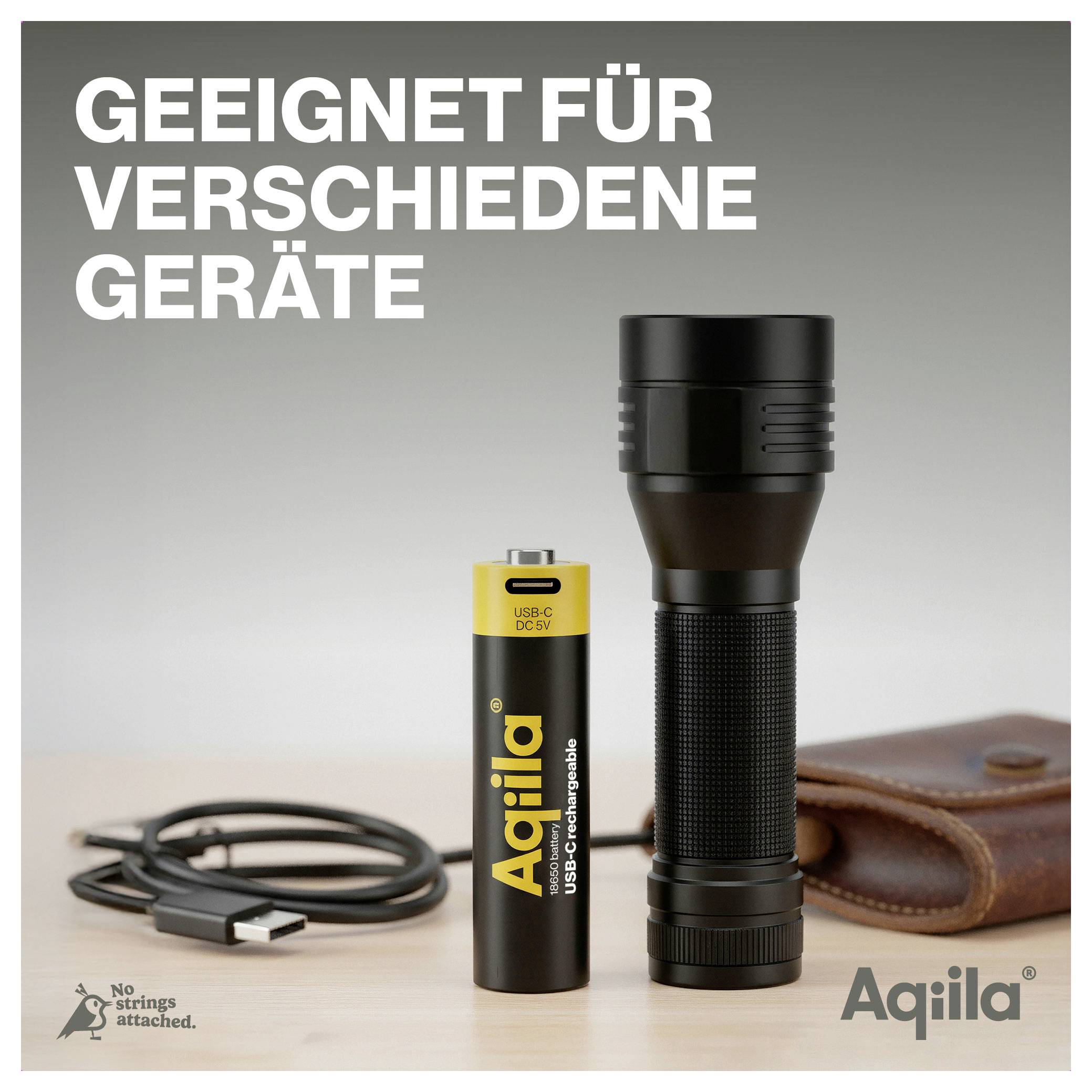 Eine Batterie und eine Taschenlampe liegen auf einem Tisch. Daneben ein USB-C-Kabel und eine lederne Hülle. Text: 'Geeignet für verschiedene Geräte'.