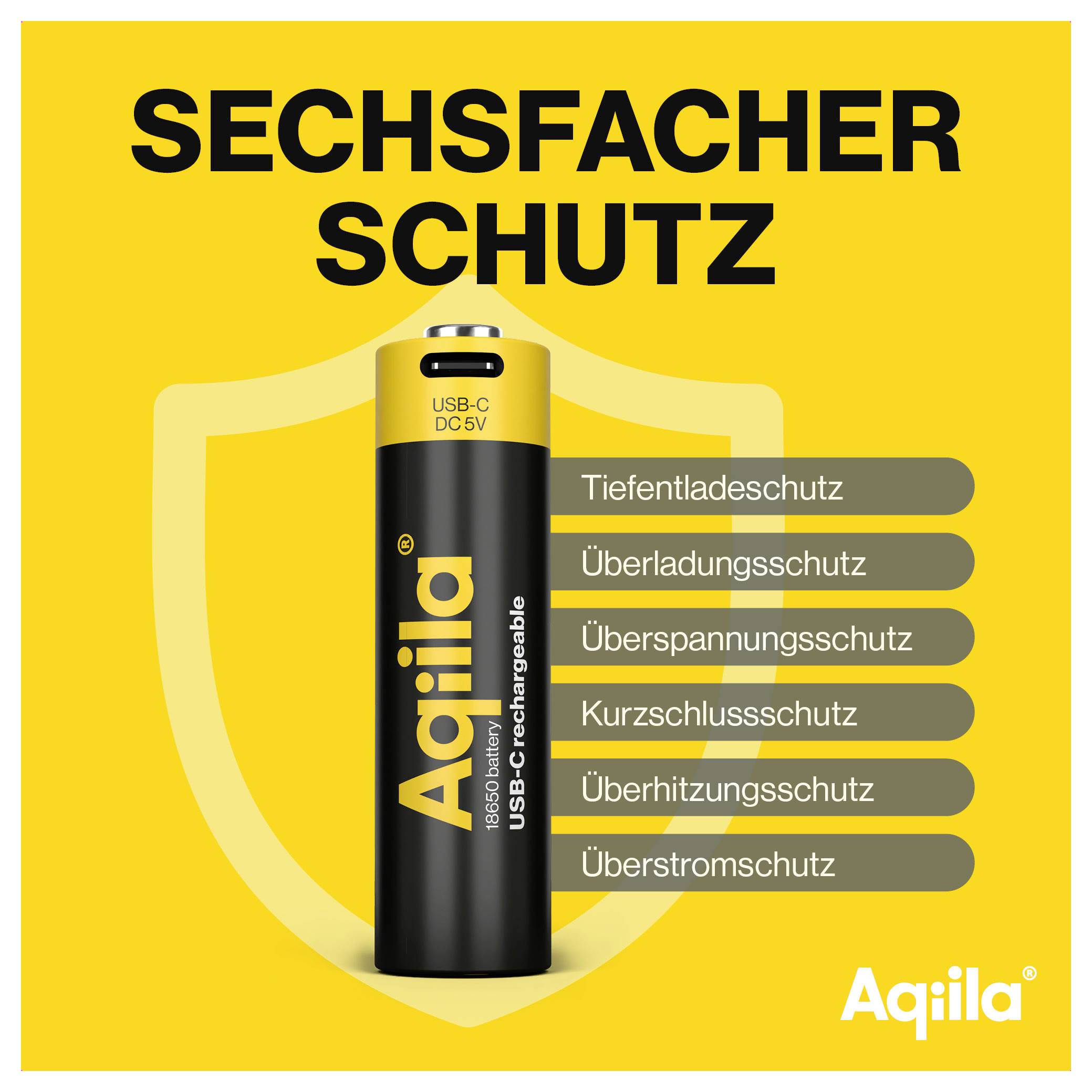 'Aquila'-Batterie mit USB-C-Anschluss, mit sechs Schutzfunktionen: Tiefentladungs-, Überladungs-, Überspannungs-, Kurzschluss-, Überhitzungs- und Überstromschutz.