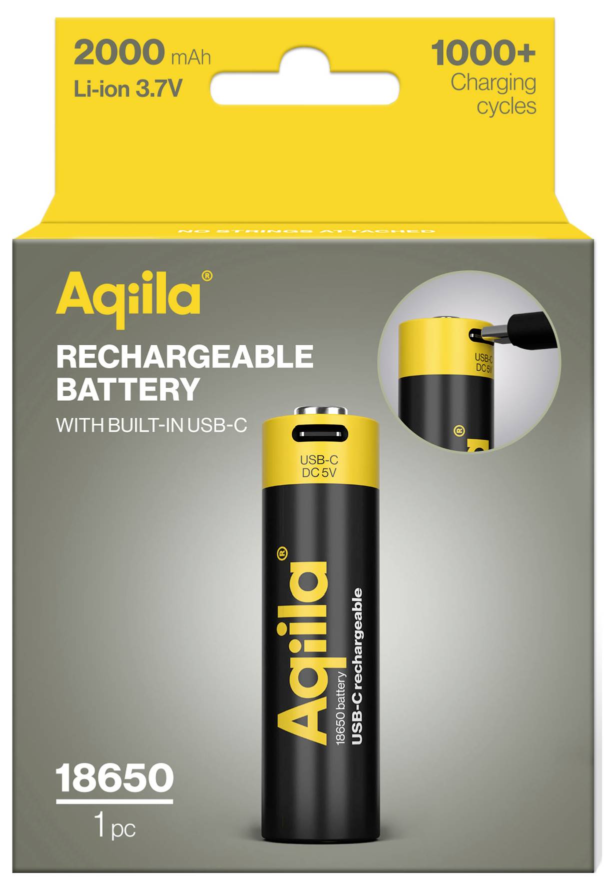 'Aquila wiederaufladbare Batterie 18650' mit eingebautem USB-C, 2000 mAh, 3,7V, über 1000 Ladezyklen. Abbildung der Batterie auf der Verpackung.