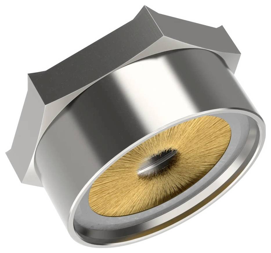Ein rundes metallisches Objekt mit einer zentralen kreisförmigen Borstenbürste, das sechs eckige Metallsektionen am äußeren Rand aufweist.