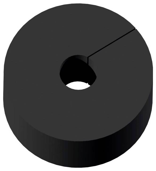 Eine 3D-Darstellung eines schwarzen zylindrischen Objekts mit einem zentralen Loch und einem kleinen ausgeschnittenen Abschnitt an der oberen Kante.