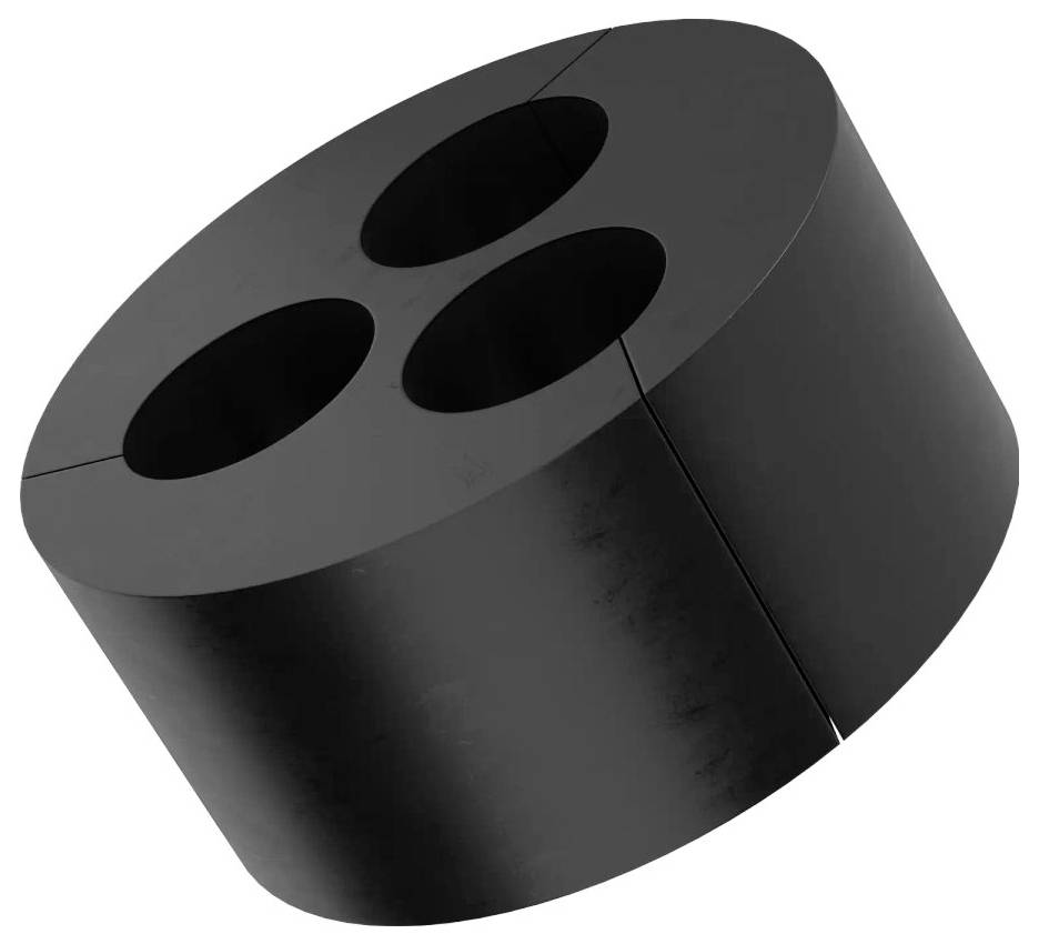 Ein schwarzes, rundes 3D-Objekt mit drei kreisförmigen Löchern auf der Oberfläche.