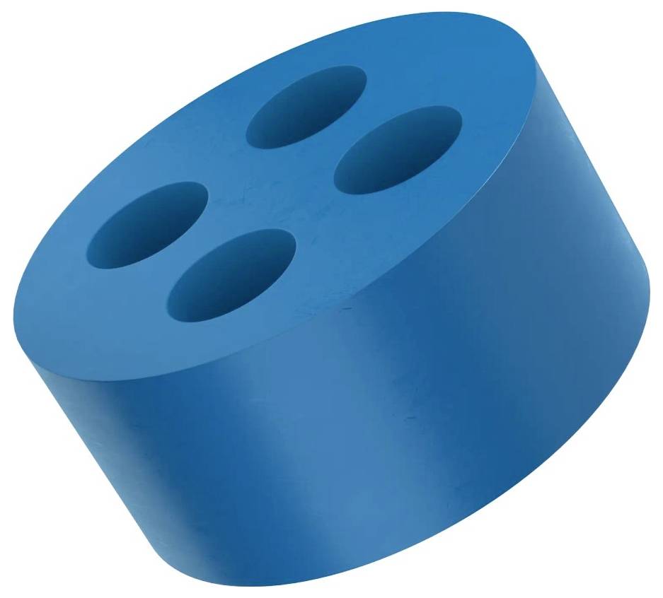 Ein blauer zylindrischer Gegenstand mit vier kreisförmigen Ausschnitten auf der Oberfläche, der einem Abschnitt eines LEGO-Steins ähnelt.