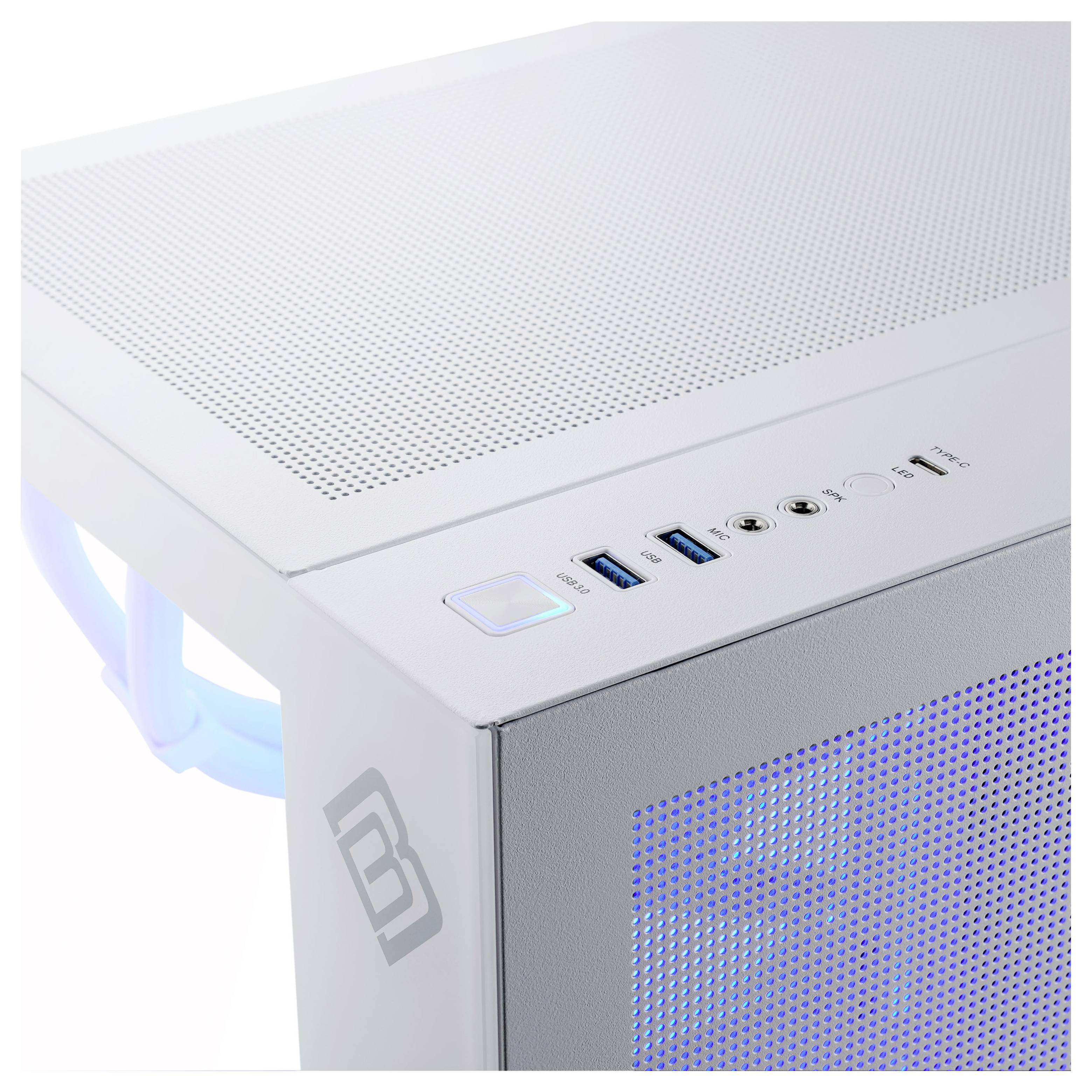 Ein hellgefärbtes Computergehäuse mit Belüftungspanel, frontal angeordneten Anschlüssen, Einschaltknopf und sichtbarem Logo an der Seite.