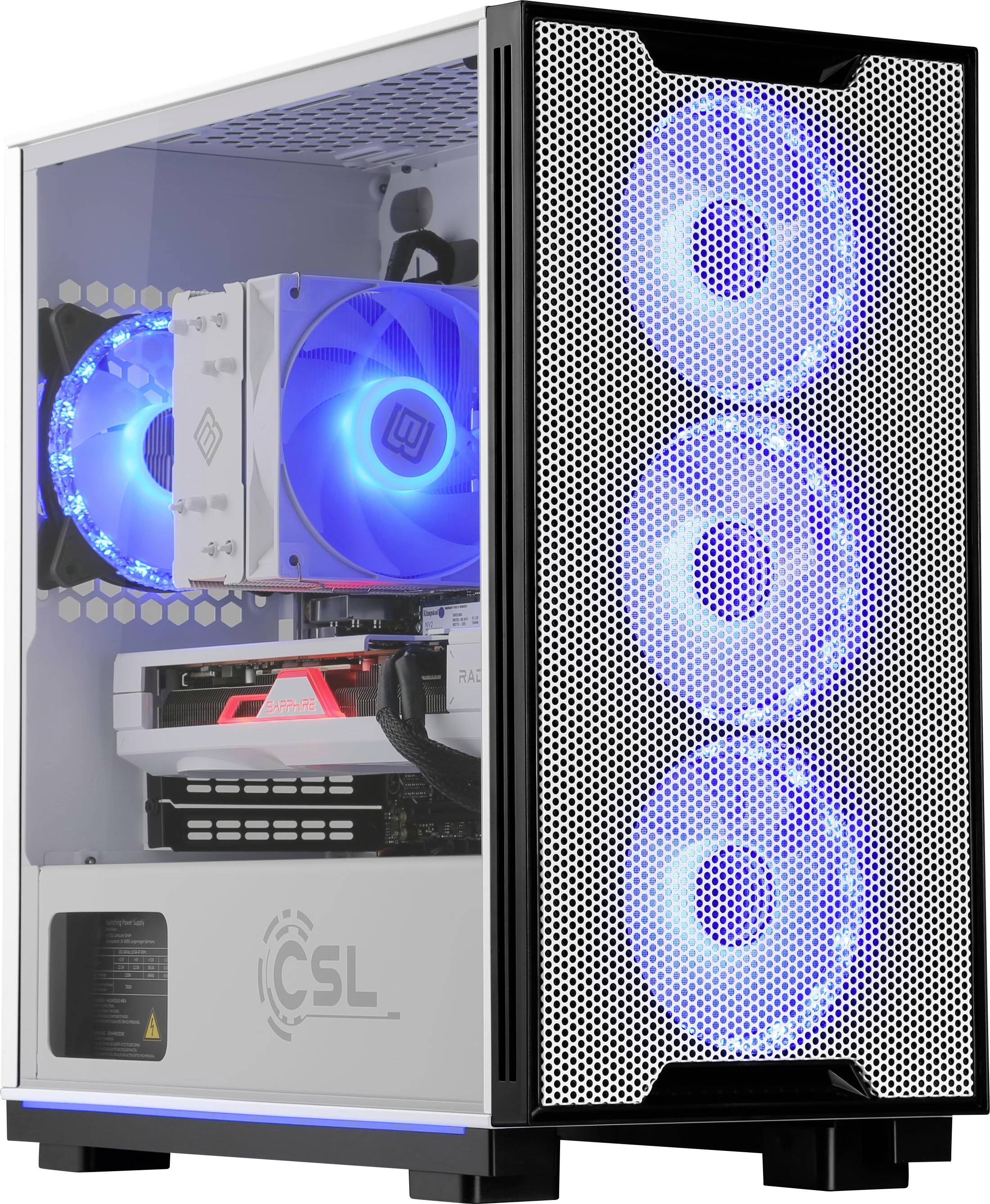 Ein Gaming-PC mit einer transparenten Seitenscheibe, die Komponenten zeigt, die durch blaue LED-Beleuchtung erhellt werden, einschließlich Kühlventilatoren und einer Grafikkarte.
