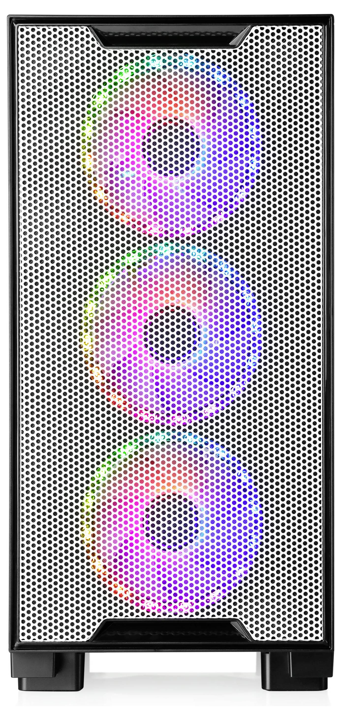 Eine Computergehäuse-Frontansicht mit einem Mesh-Panel, das drei kreisförmige RGB-Lüfter zeigt, die buntes Licht ausstrahlen.