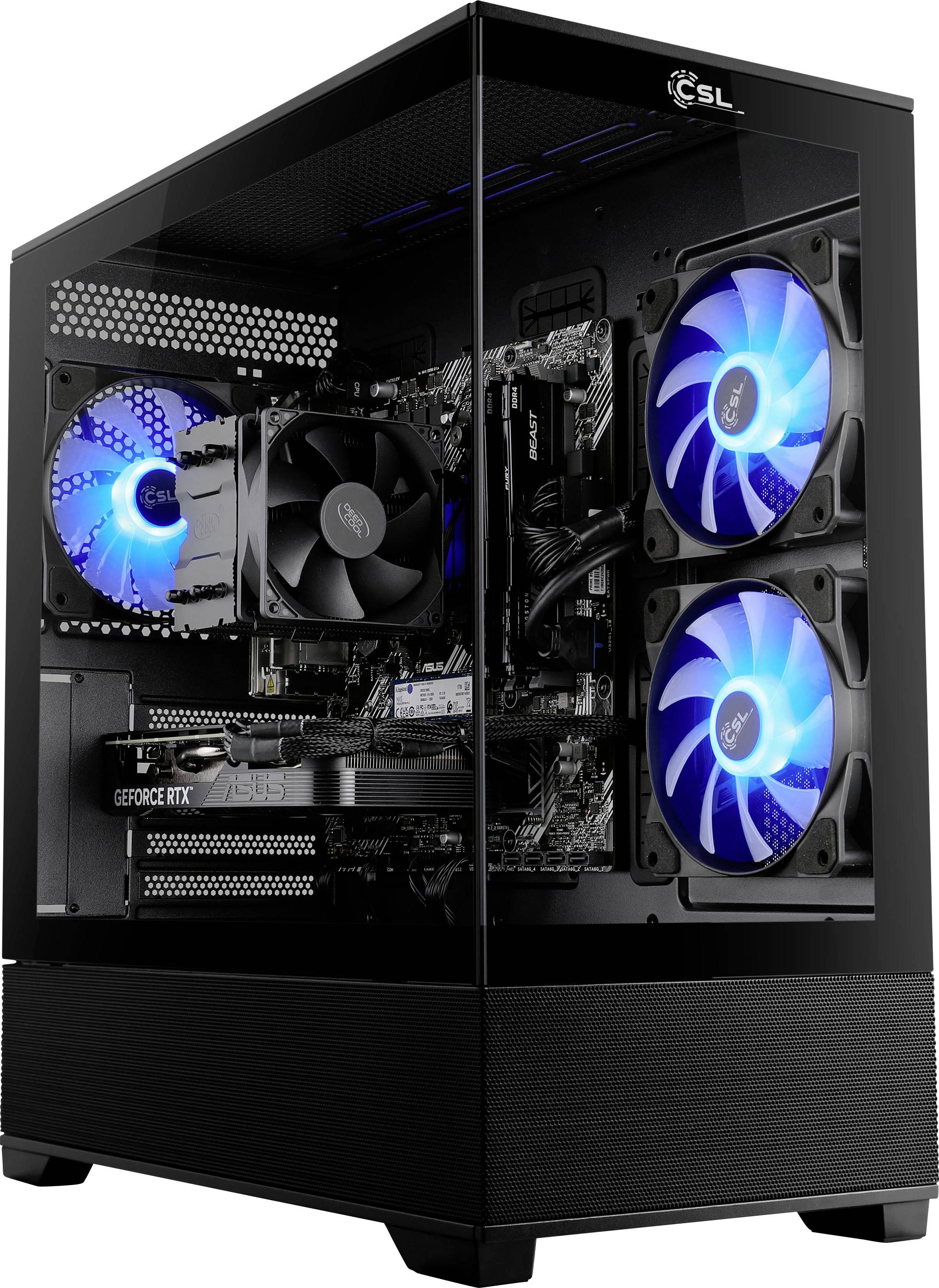 Ein schlanker, schwarzer Gaming-PC-Tower mit leuchtend blauen LED-Lüftern, die durch ein transparentes Seitenpanel sichtbar sind und die Innenkomponenten zur Schau stellen.
