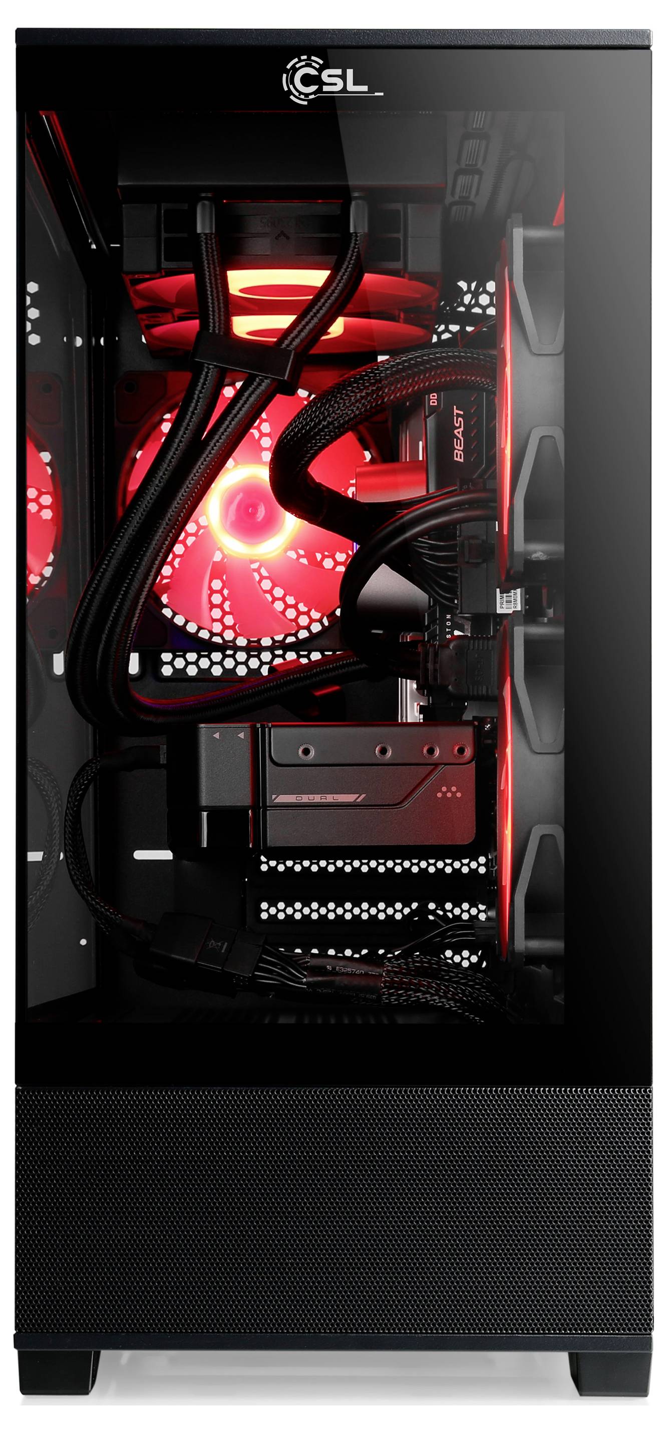 Ein schwarzer Desktop-Computerturm mit einem Glasseiten-Panel offenbart interne Komponenten, die durch rote LED-Beleuchtung hervorgehoben werden und Kühlventilatoren und Kabel zeigen.