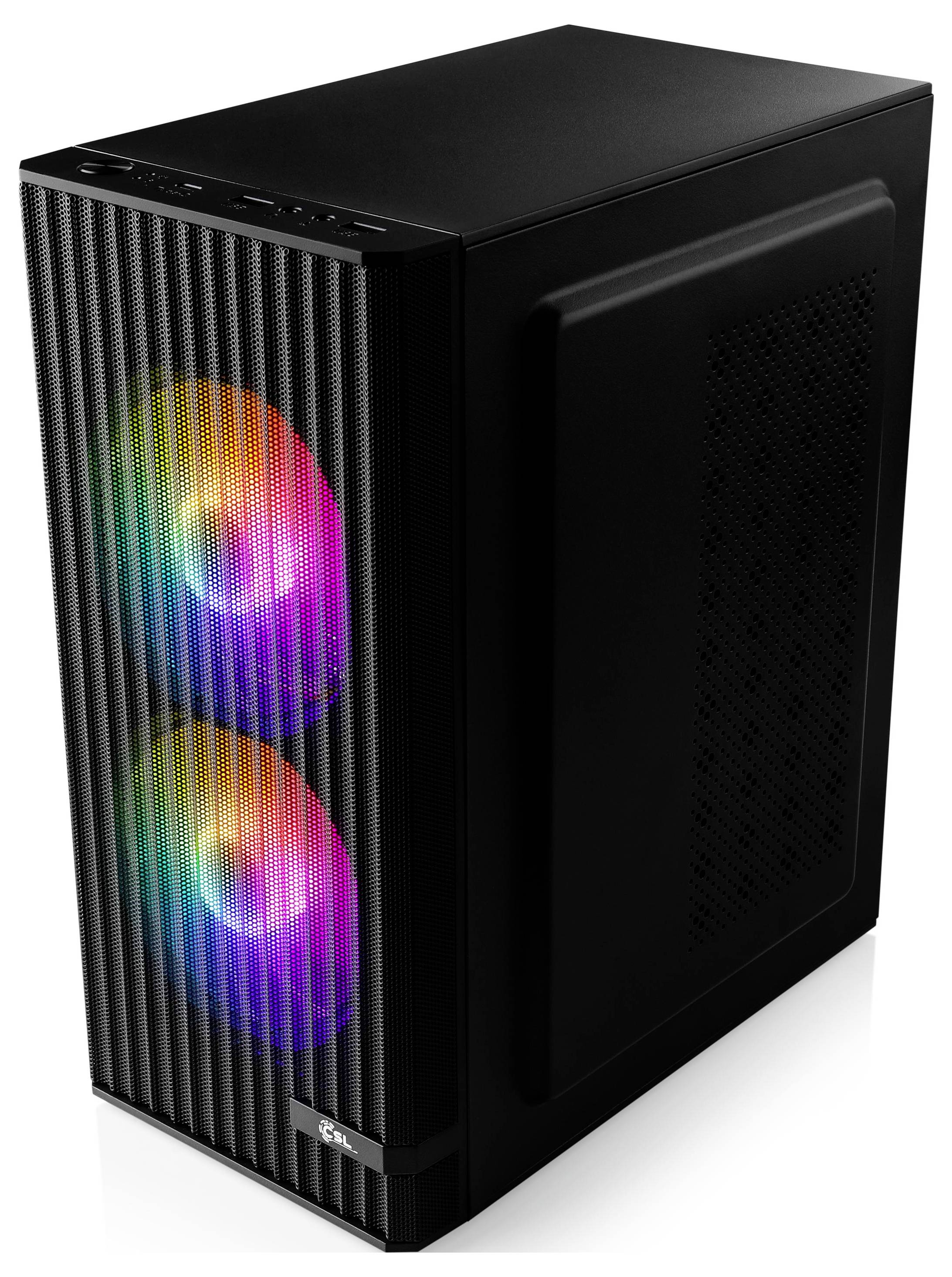 Schwarzer Computer-Tower mit zwei sichtbaren, frontseitigen RGB-Lüftern, die mehrfarbige Beleuchtung zeigen. Das Seitenpanel ist massiv mit Belüftungsöffnungen.