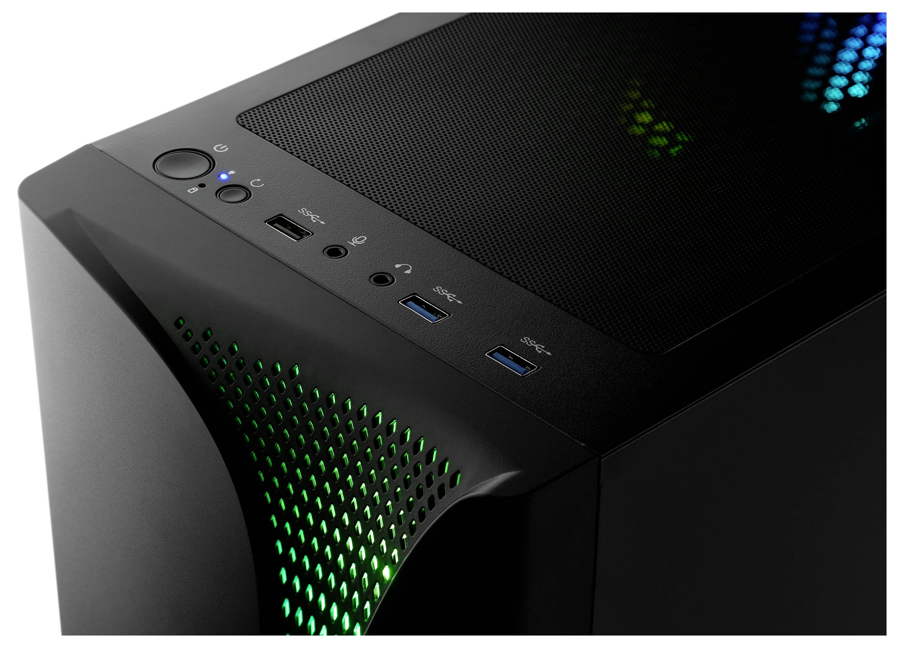 Ein schwarzes Computer-Tower-Gehäuse mit USB-Anschlüssen und einem Powerknopf oben. Grüne und blaue LED-Lichter sind durch ein Gitterpanel sichtbar.
