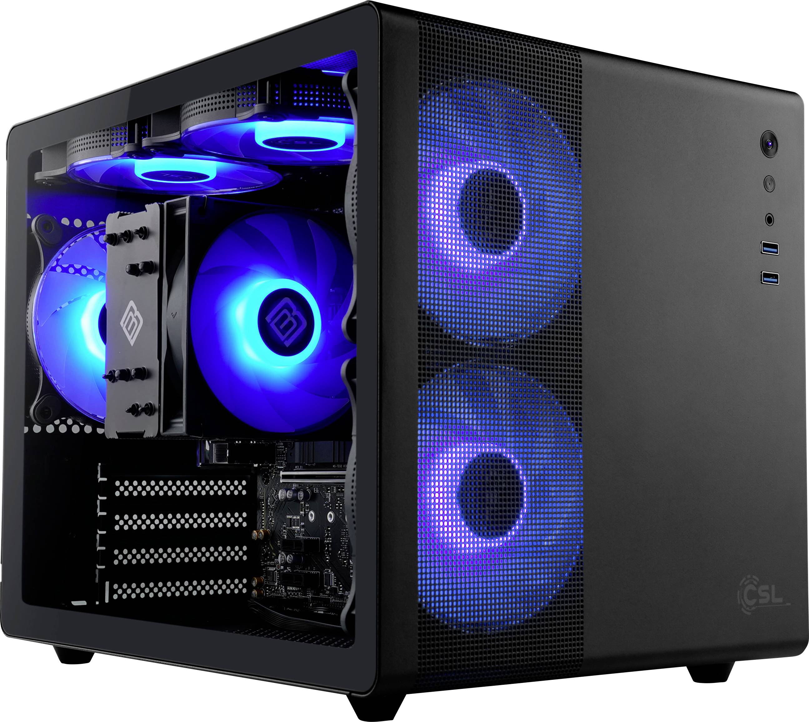 Ein schwarzer, würfelförmiger Gaming-PC mit einer transparenten Seitenscheibe zeigt im Inneren leuchtend blaue LED-Lüfter, die ein Design mit hoher Leistungsfähigkeit andeuten.