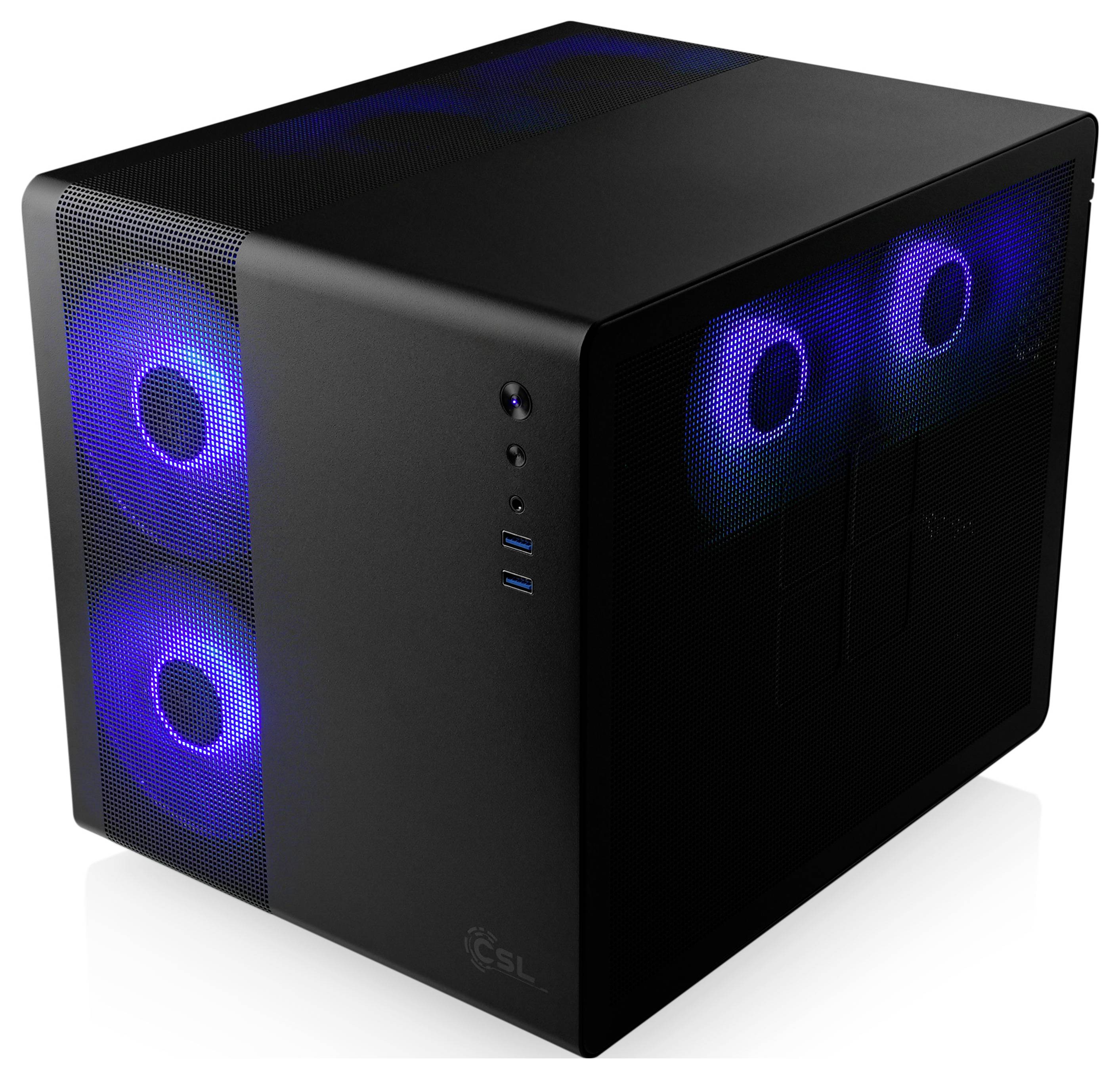 Ein schwarzes, würfelförmiges Computergehäuse mit blau leuchtenden Lüftern wird präsentiert, wobei das schlichte Design und die Kühlungseigenschaften hervorgehoben werden.