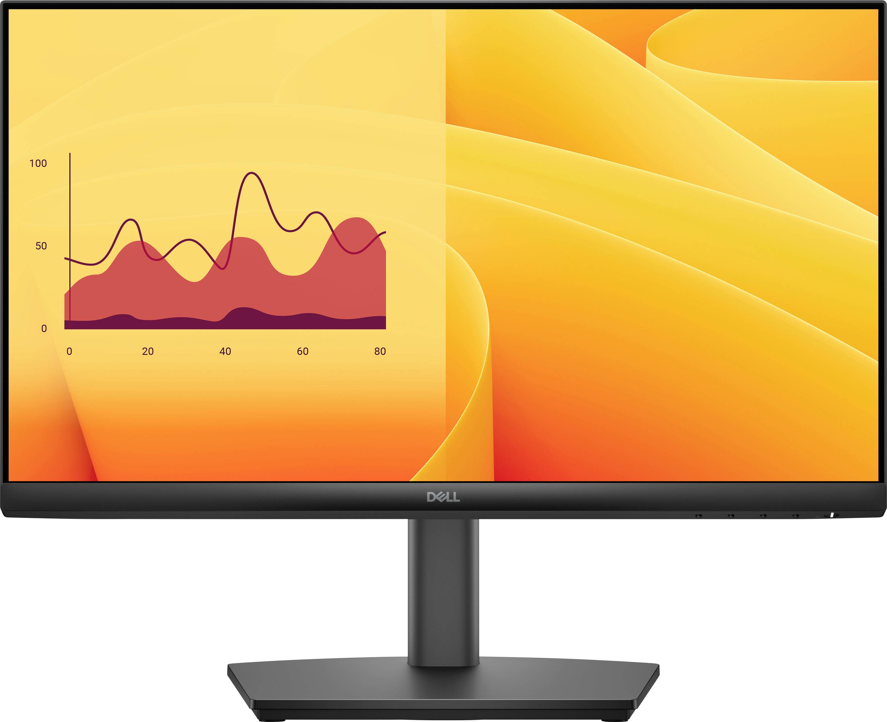 Ein Computermonitor, der ein Linien- und Flächendiagramm mit Kurven und Spitzen vor einem orangefarbenen Hintergrund zeigt.