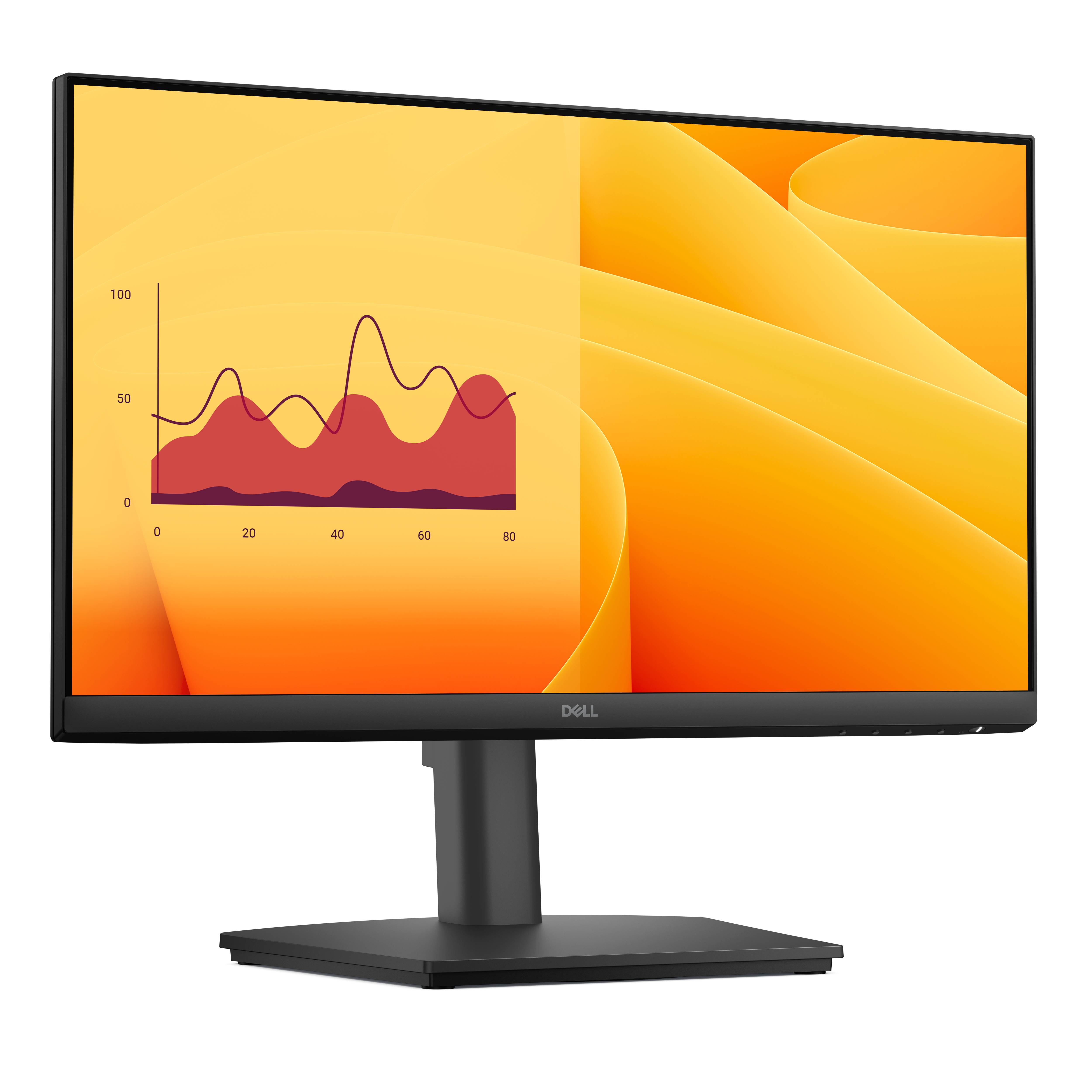 Ein Computermonitor zeigt ein abstraktes Liniendiagramm in Rot und Schwarz auf einem gelb-orangefarbenen Hintergrund.