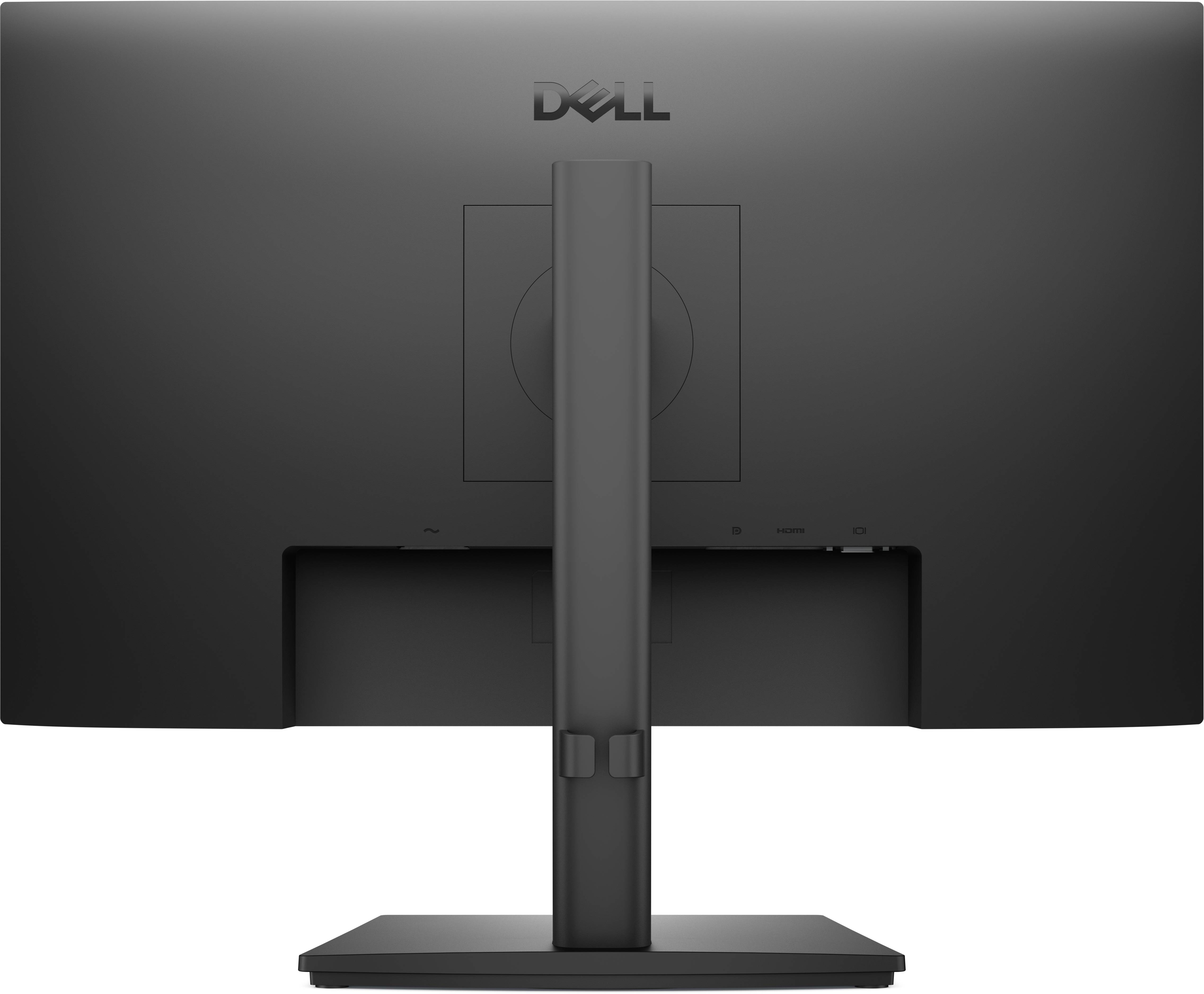 Ein schwarzer Dell-Monitor von hinten, der das Logo und den Ständer zeigt, mit minimalistischem Design und ohne sichtbare Kabel oder Anschlüsse.