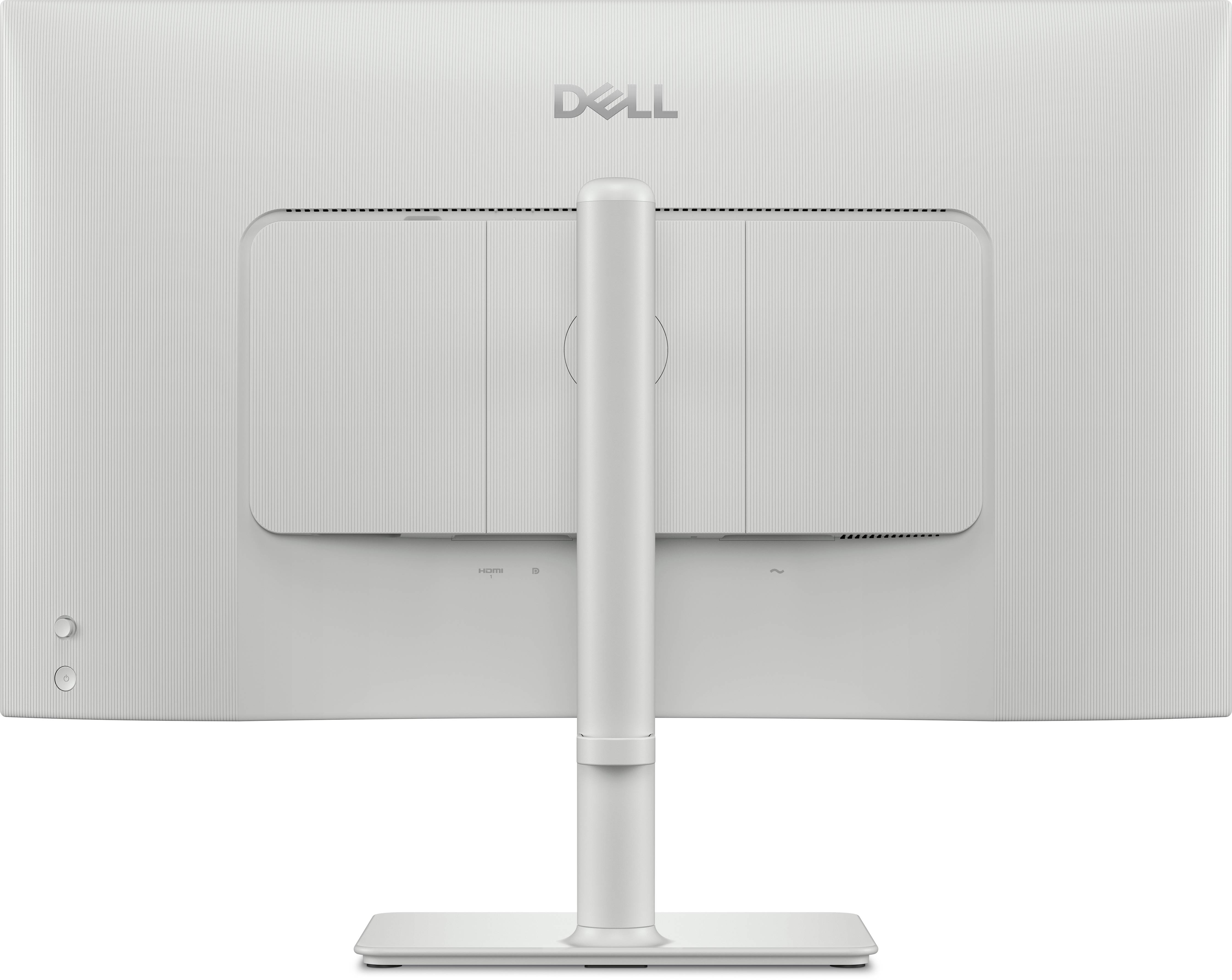 Die Rückansicht eines Dell-Monitors mit elegantem, minimalistischem Design, mit einem Ständer und sichtbarem Markenlogo.