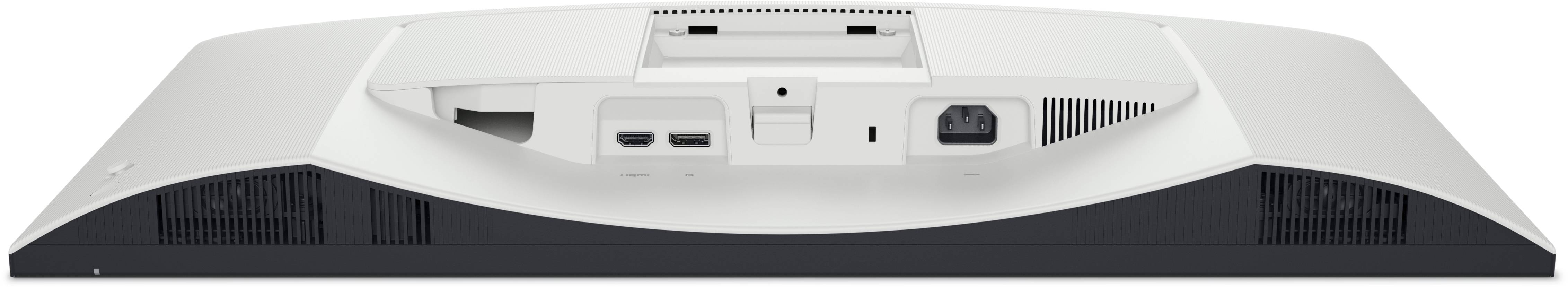 Rückansicht eines weißen Computermonitors, der verschiedene Anschlüsse zeigt, darunter HDMI, USB, DisplayPort und einen Stromanschluss, auf einem geschwungenen Ständer.