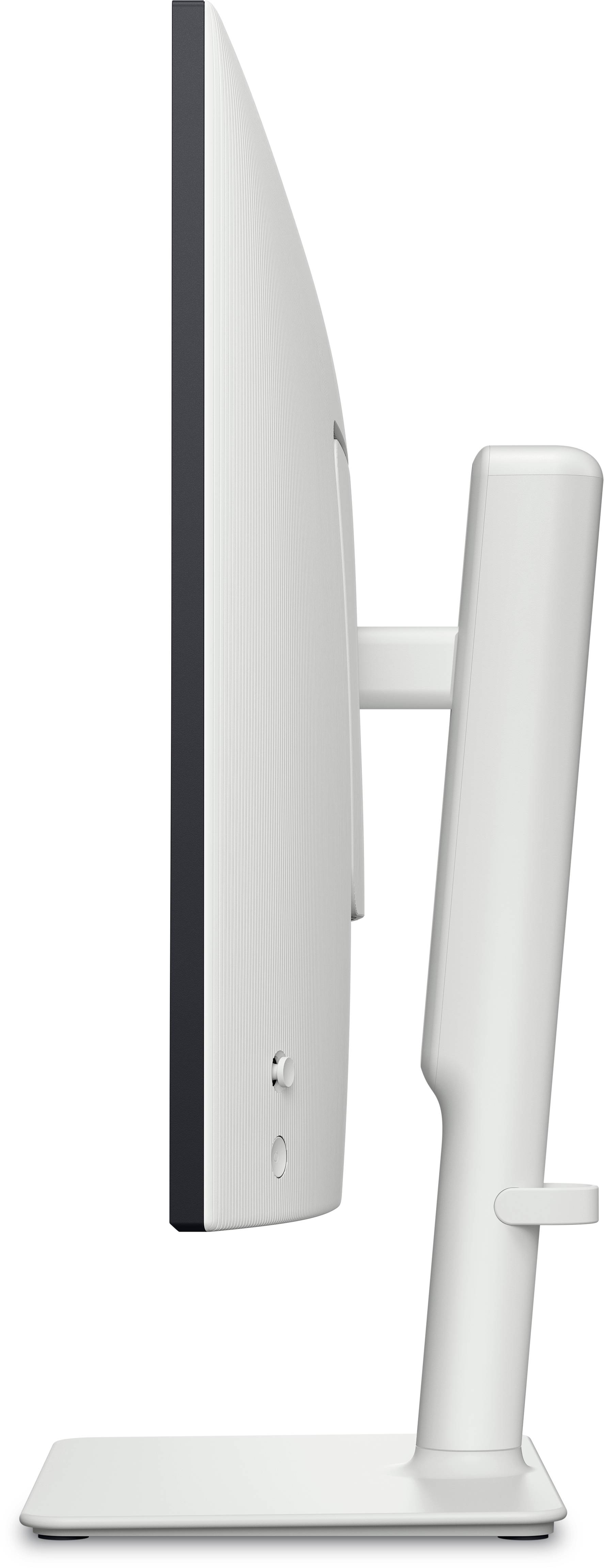 Eine Seitenansicht eines schlanken, modernen Computermonitors mit einem eleganten weißen Ständer.