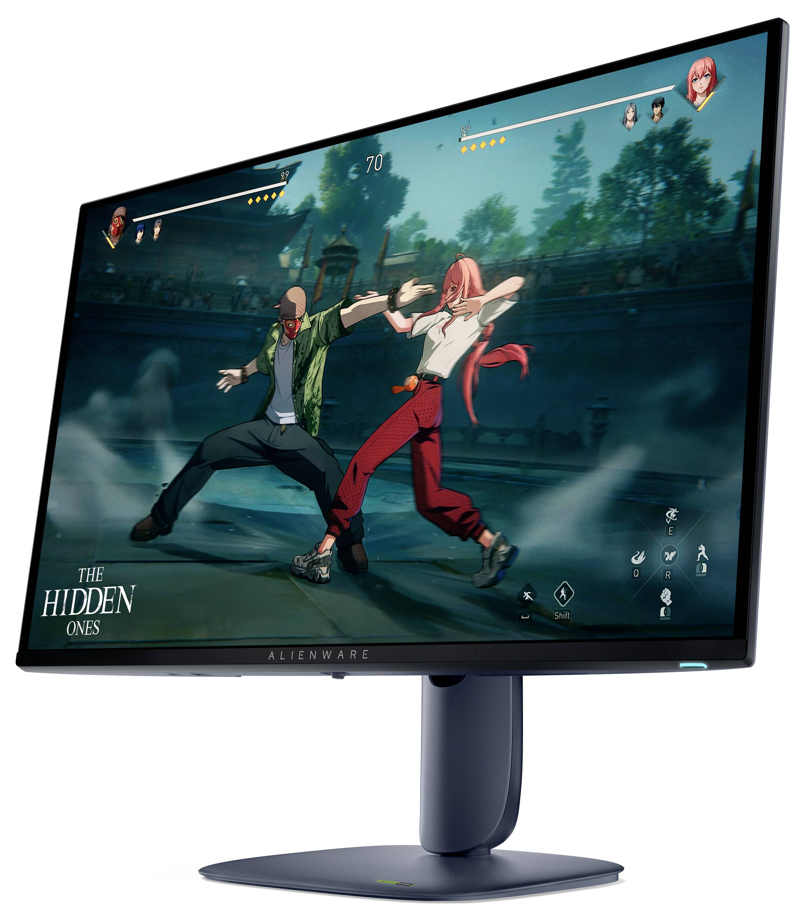 Ein eleganter Alienware-Gaming-Monitor zeigt eine intensive Kampfspielszene mit zwei Charakteren, die in einem urbanen Hintergrund miteinander kämpfen.