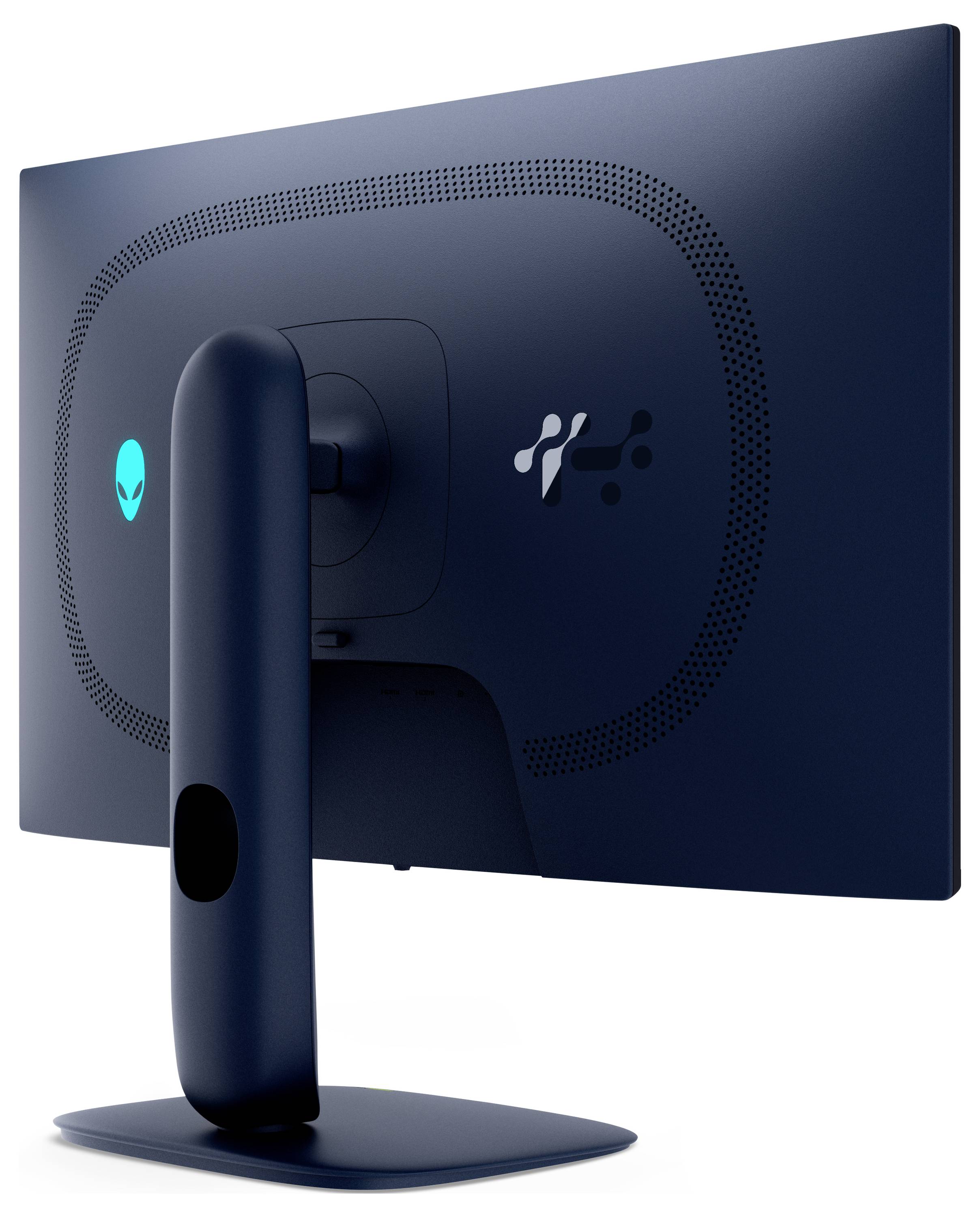 Eine Rückansicht eines dunkel gefärbten LED-Monitors auf einem Ständer, auf dessen Rückseite zwei Logos zu sehen sind. Die Umgebung ist ein einfarbiger weißer Hintergrund.