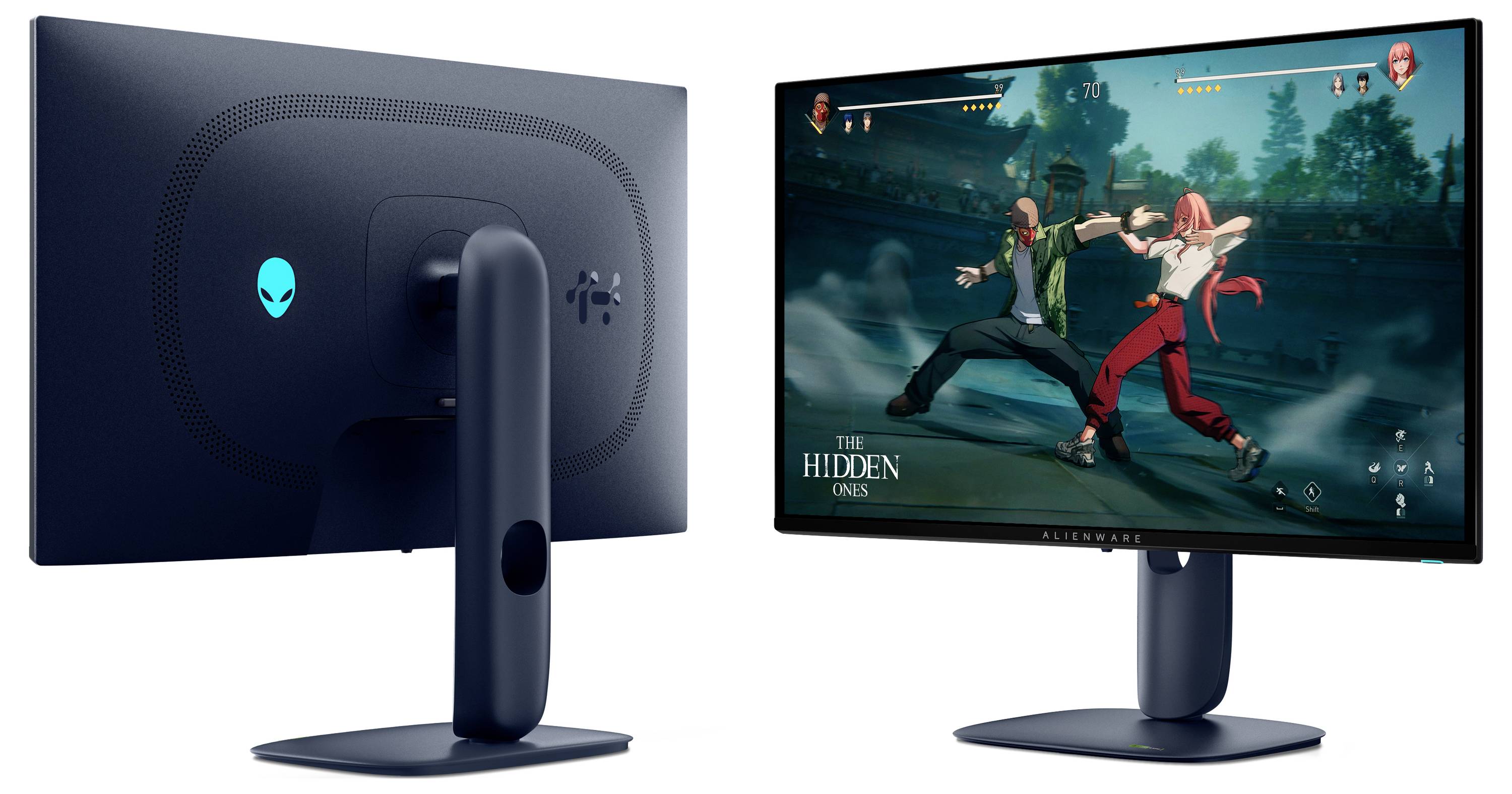 Front- und Rückansicht eines Gaming-Monitors, der eine Kampfspiel-Szene darstellt.