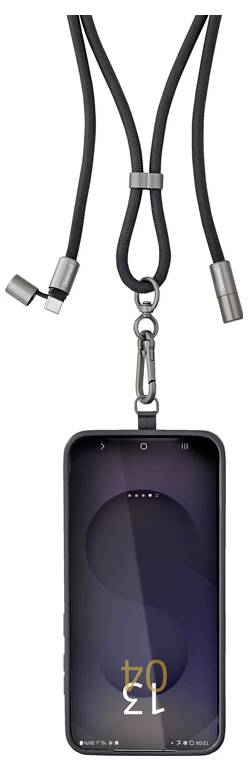 Ein Smartphone mit einem dunklen Bildschirm ist an einer schwarzen Kordel mit Metallakzenten befestigt, die wahrscheinlich zum Umhängen am Hals gedacht ist.
