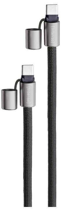 Zwei USB-C-Kabel mit Metallsteckern und Schutzabdeckungen, in einen geflochtenen schwarzen Mantel eingebunden, für Langlebigkeit konzipiert.