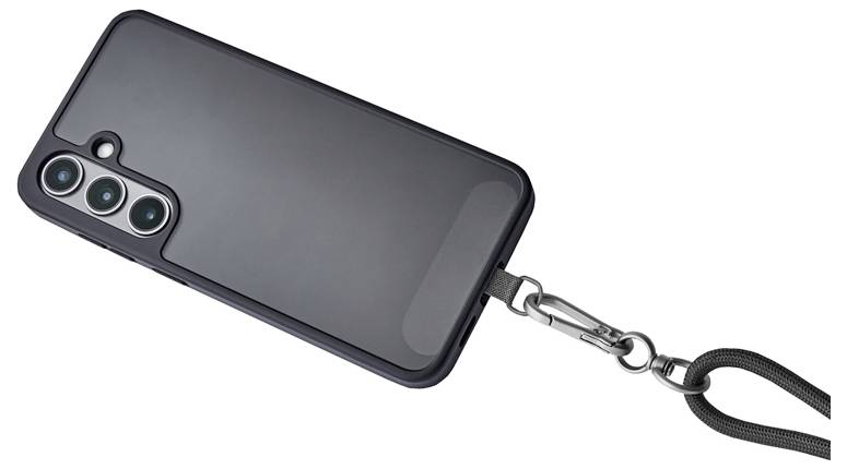 Ein Smartphone in einem schwarzen Gehäuse mit drei Rückkameras, das über einen Metallclip an einer Lanyard befestigt ist.