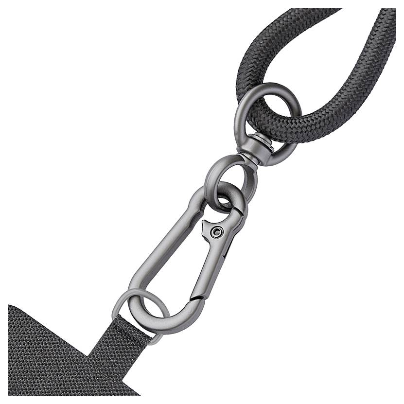 Ein dunkelgrauer Gurt mit einem metallischen Karabiner und kreisförmigen Ringen, wahrscheinlich zum Tragen oder Sichern von Gegenständen verwendet.