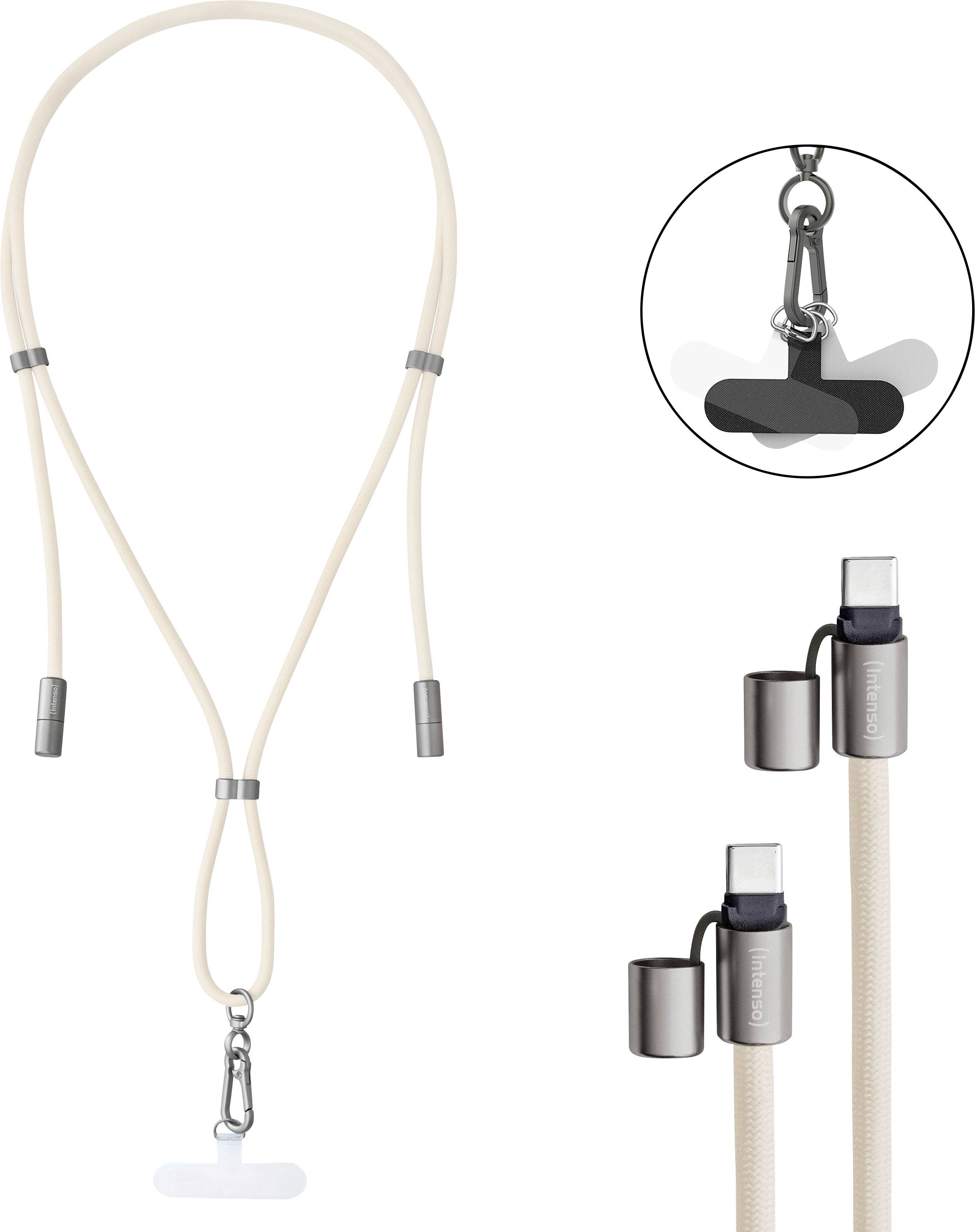 Ein beiger Schlüsselband-Lanyard mit abnehmbaren magnetischen Verbindern und einer ID-Abzeichen-Klemme, entwickelt zum Halten von USB-C-Kabeln. Nahaufnahme zeigt magnetische Befestigung.