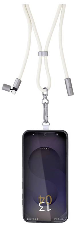 Ein Smartphone hängt an einem beigen Trageband, verkehrt herum aufgehängt, mit einem dunklen, minimalistischen Sperrbildschirm, auf dem die Zeit '12:02' angezeigt wird.