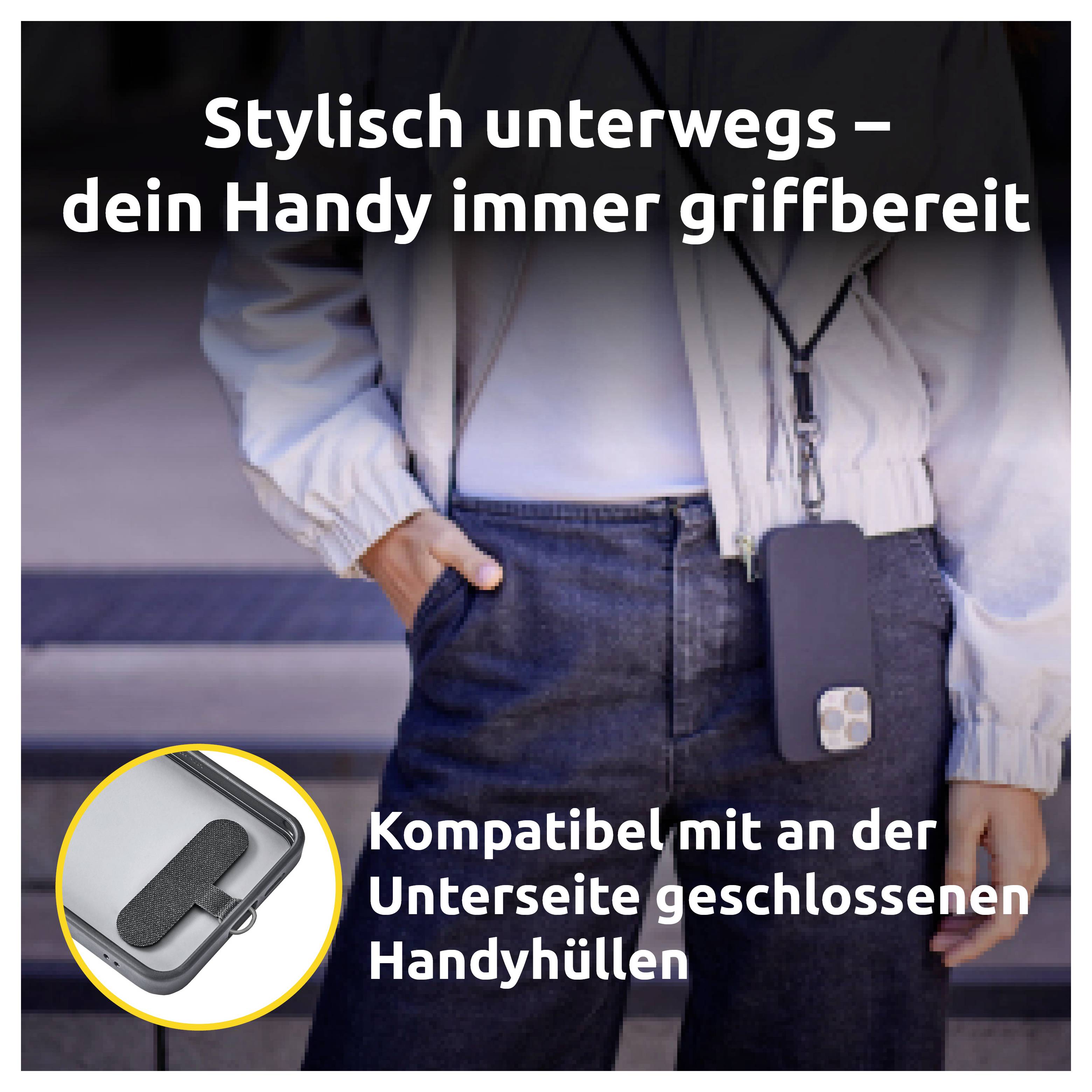 Eine Person, die eine weiße Jacke trägt, mit einem Telefon, das an einem Etui um den Hals hängt. Text auf Deutsch bewirbt die praktische Erreichbarkeit des Telefons.