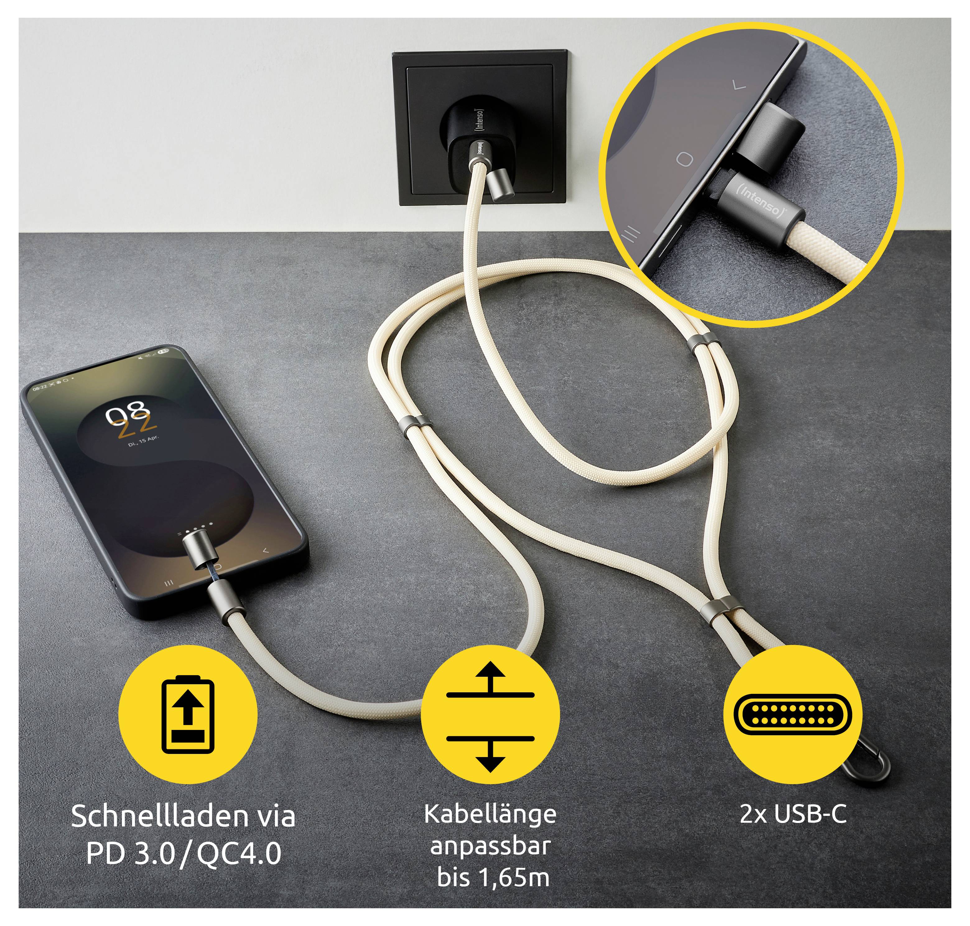 Smartphone-Schnelllade-Setup mit einem USB-C-Kabel, das eine einstellbare Länge von bis zu 1,65 m und zwei USB-C-Anschlüsse für maximale Flexibilität hervorhebt.
