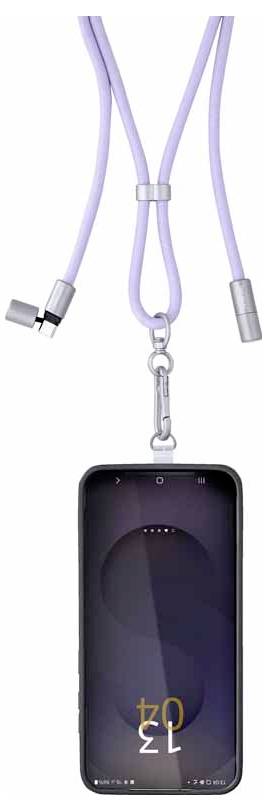 Ein Smartphone in einem schwarzen Gehäuse hängt an einem Lavendel-Trageband mit metallischen Verbindern und zeigt einen minimalistischen Sperrbildschirm mit orangefarbenen Zahlen.