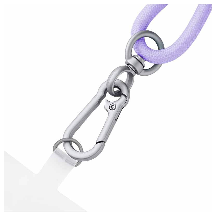 Eine lila Umhängeband mit einem Metallkarabiner befestigt.